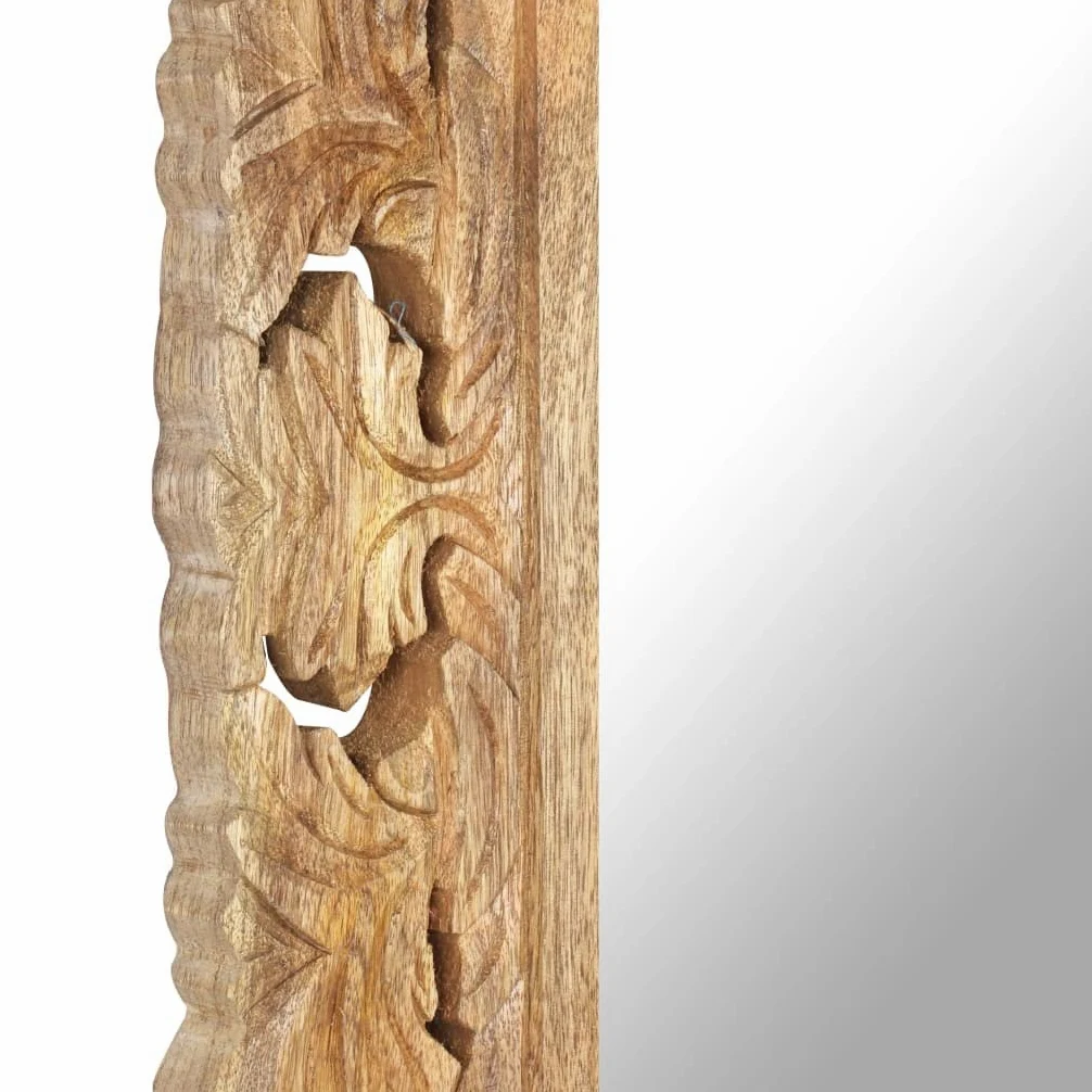 Espejo tallado a mano marrón de madera maciza de mango 80 x 50 cm con acabado natural para salón, baño, pasillo, decoración, cosméticos, maquillaje, cuerpo entero