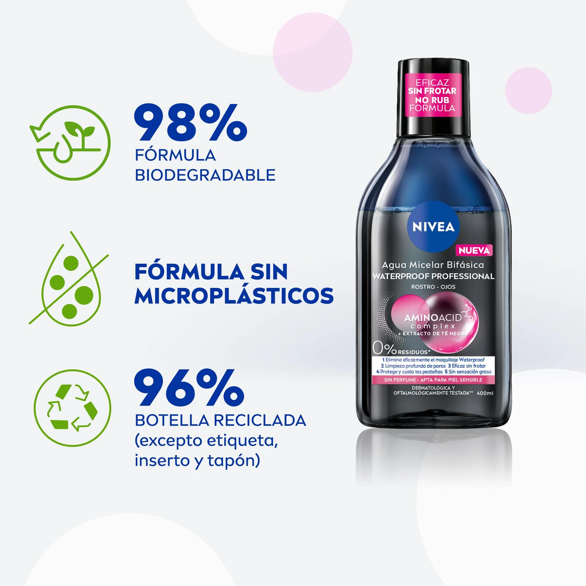 NIVEA Agua micelar Bifásica Waterproof 6 x 400 ml pack, desmaquillante facial con extracto de té negro