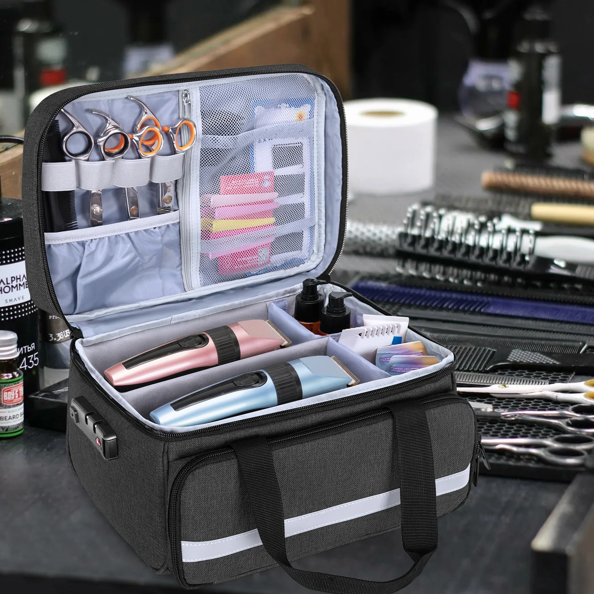 CURMIO Maletín Profesional para Cortapelos, Organizador con Cerradura para Máquinas, Tijeras y Accesorios de Barbería, Solo Bolsa, Negro