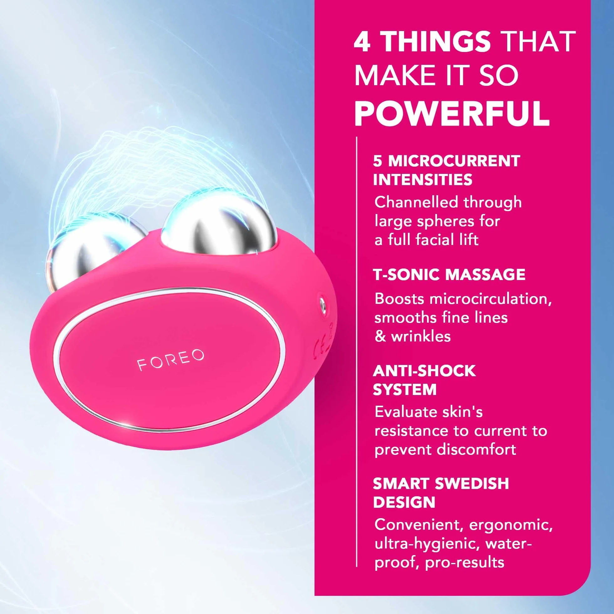 FOREO BEAR Reafirmante Dispositivo de Microcorrientes Facial + 2x Sérum 30 ml Ácido Hialurónico Masajeador Antiedad Fuchsia