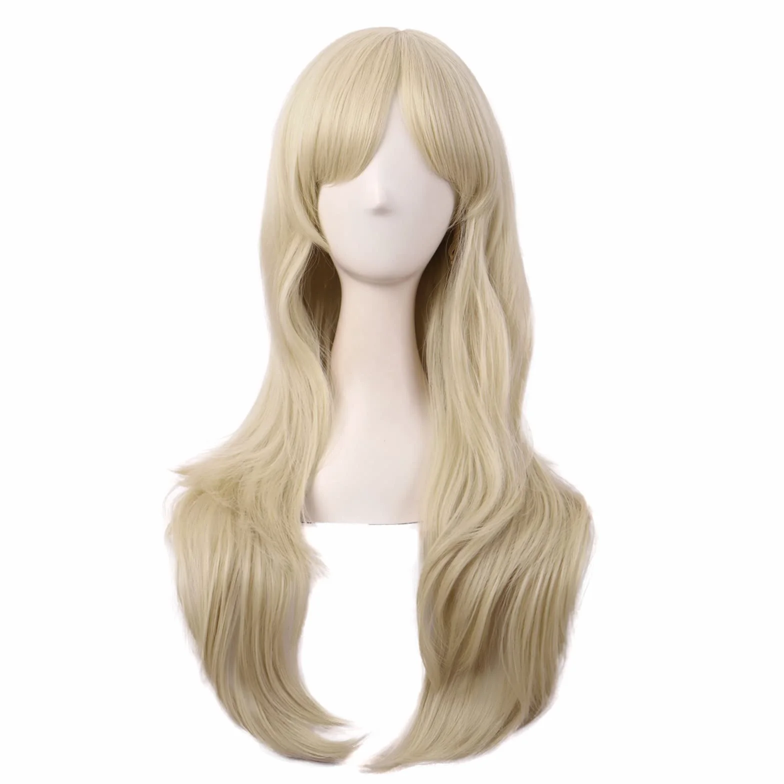 MapofBeauty 70 cm Monochrome Side Flequillo Natural Rizo Largo Cosplay Peluca Dorado