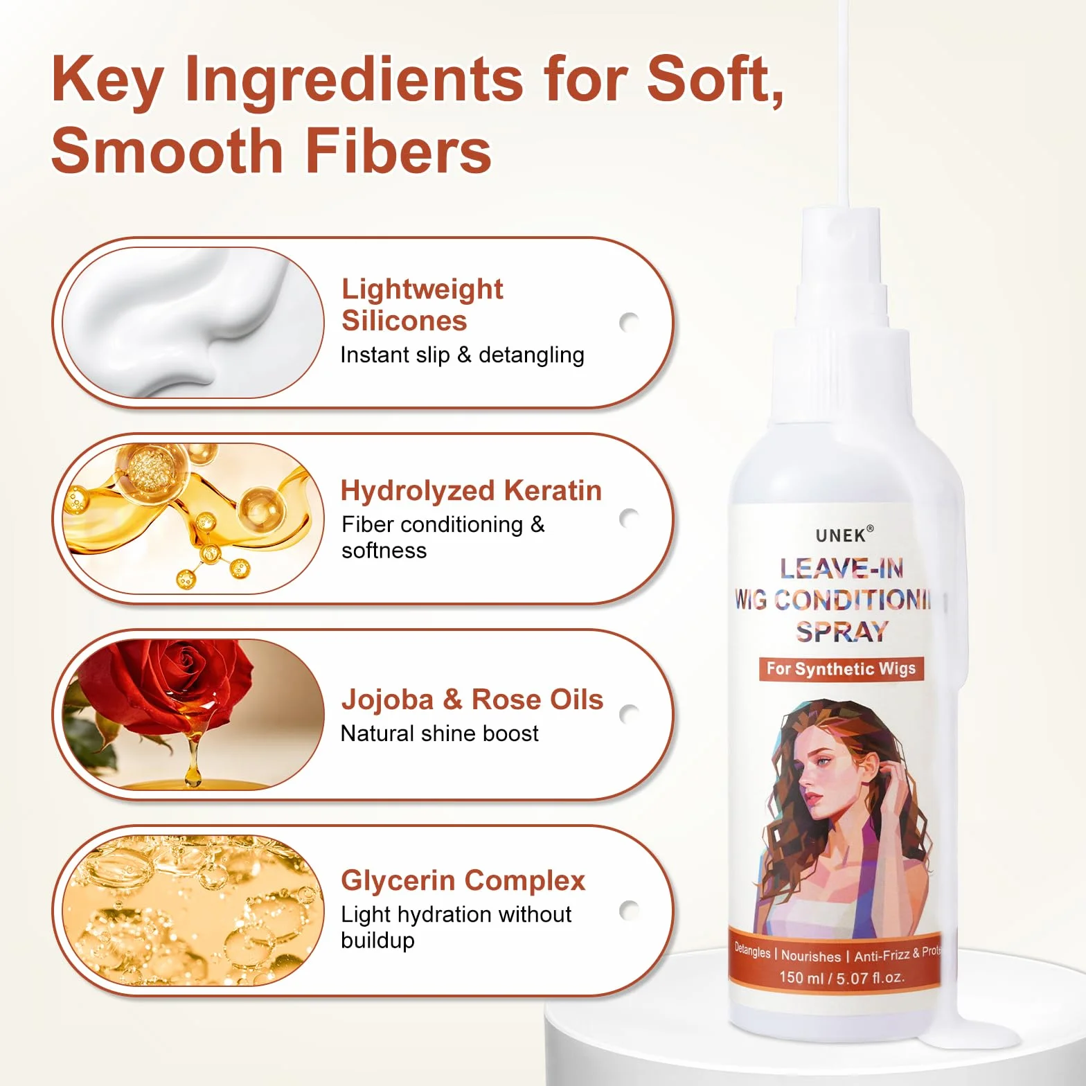 UNEK Spray para pelucas sintéticas 150 ml – Desenredo instantáneo y control del encrespamiento