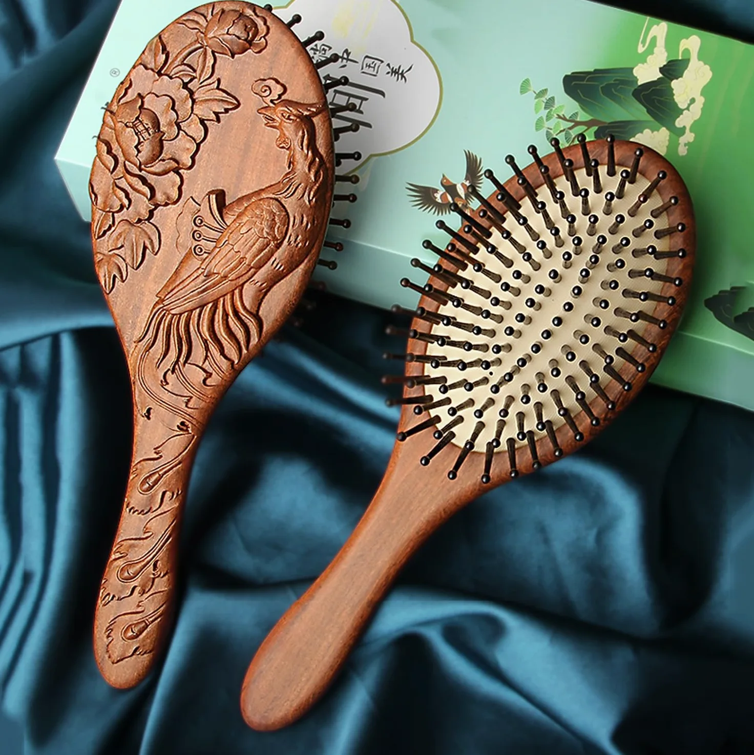 Cepillo para el Cabello, Peine de Masaje de Madera Phoenix Peony, Cepillo para el Cabello antiestático desenredante, cepillos con cojín de Aire, reducción de H
