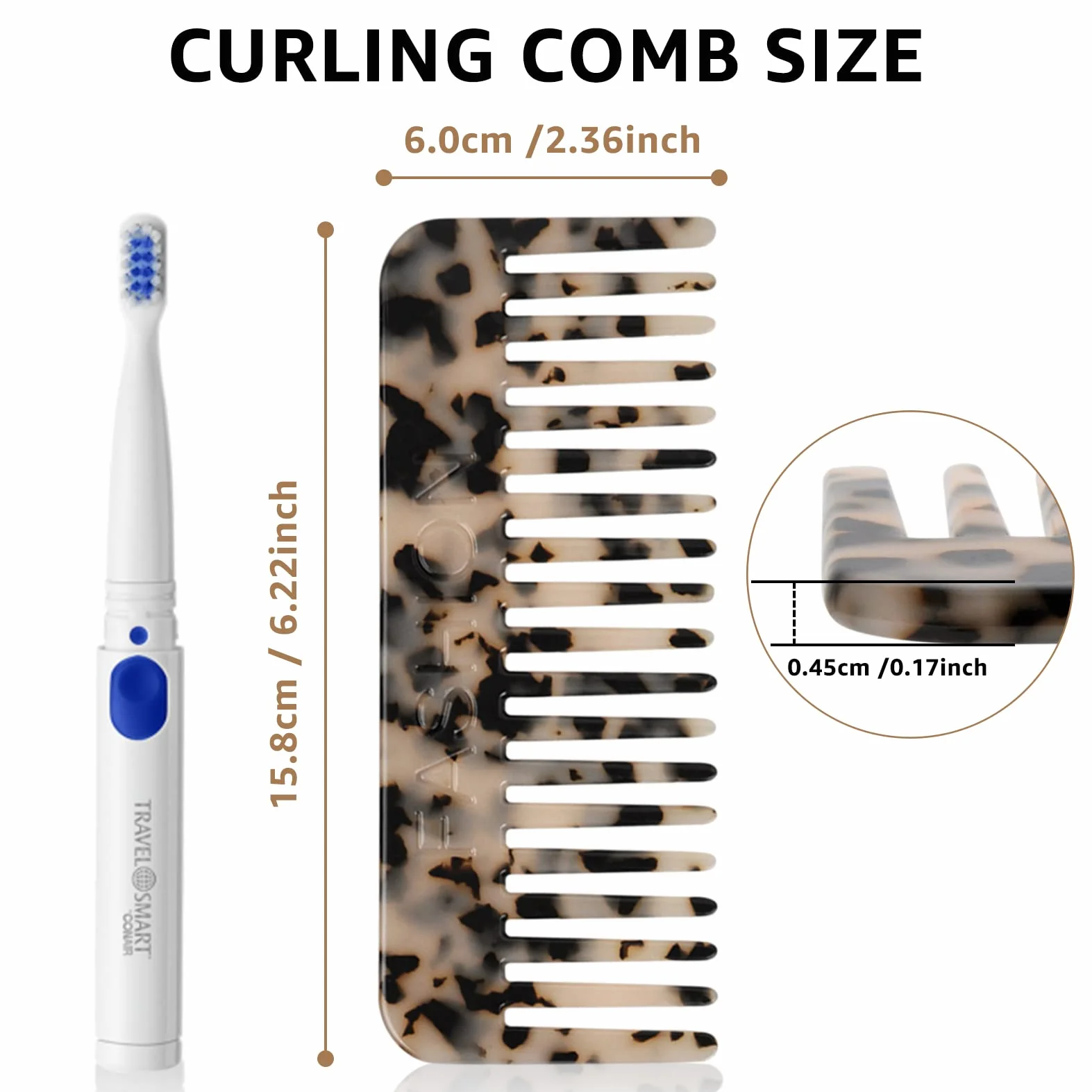 Peine Pelo Rizado 2 Piezas, Peine Púas Anchas Antienredos Antiestáticos para Cabello Largo Húmedo, Rizos, Marrón/Blanco