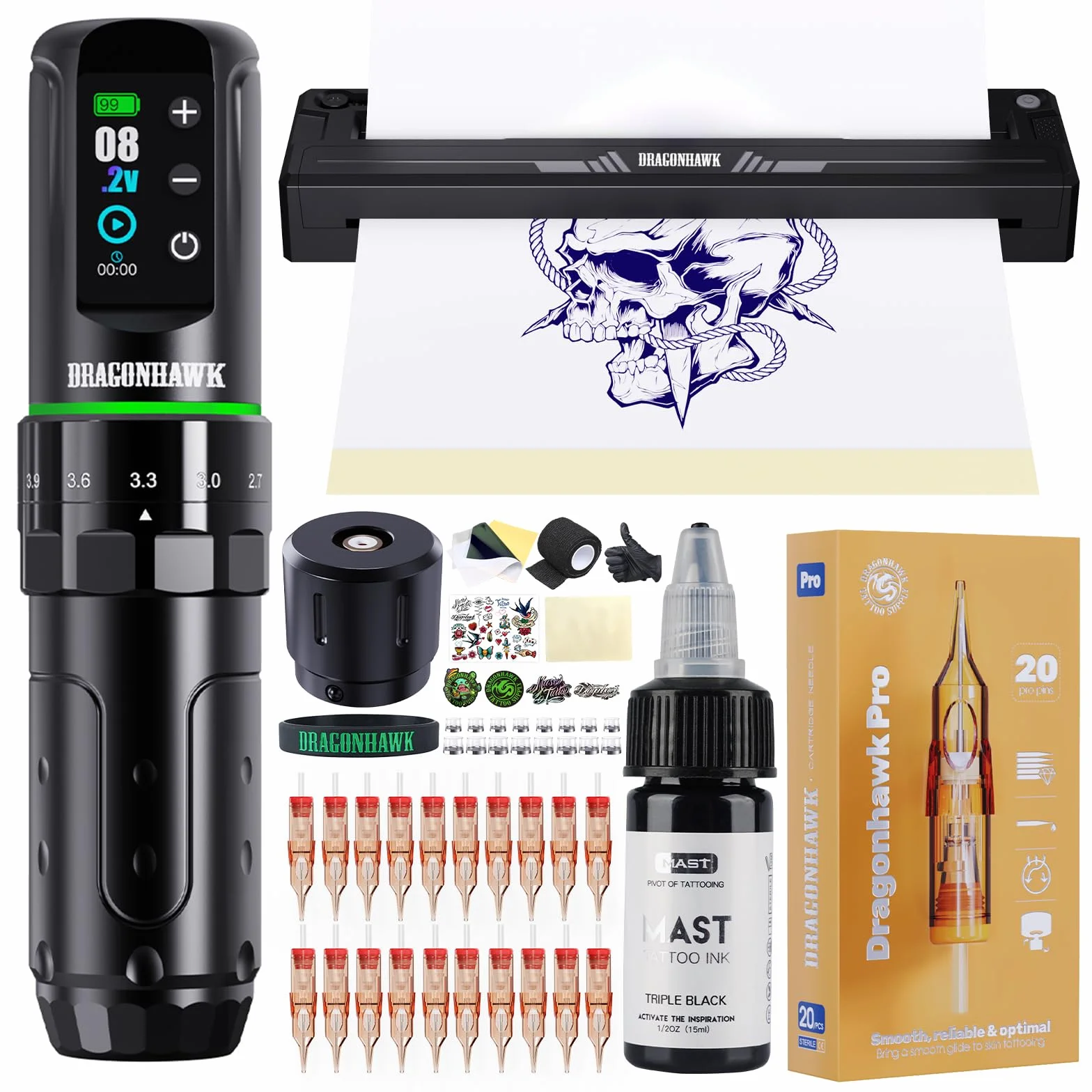 Dragonhawk L3 Kit de Tatuaje, Máquina de Tatuar Inalámbrica con Recorrido de 2.4-4.2 mm y Batería de 2000 mAh, Impresora de Esténciles, 20 Agujas Cartucho para Principiantes y Artistas