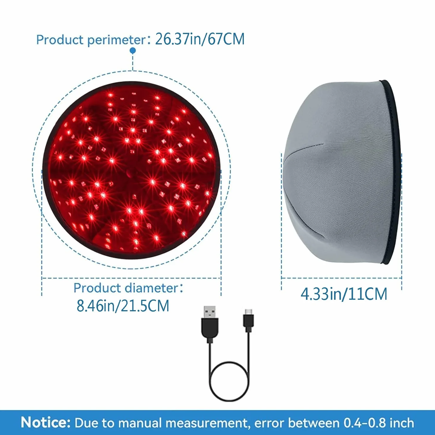 Gorro De Terapia Con Luz Roja LED, Gorro De Terapia Con Luz Infrarroja Para Prevención De La Caída Del Cabello, Modo De Terapia De Luz De 3 Engranajes, Diámetro De La Tapa 21,5 Cm/8,46 Pulgadas