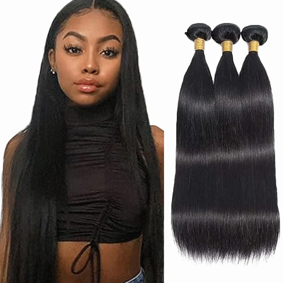 Peluca recta para mujer, paquetes de cabello humano sin procesar, extensiones de cabello humano virgen brasileño #1B Natural Black Cabello Humano, paquete con una cobertura mínima para mujeres