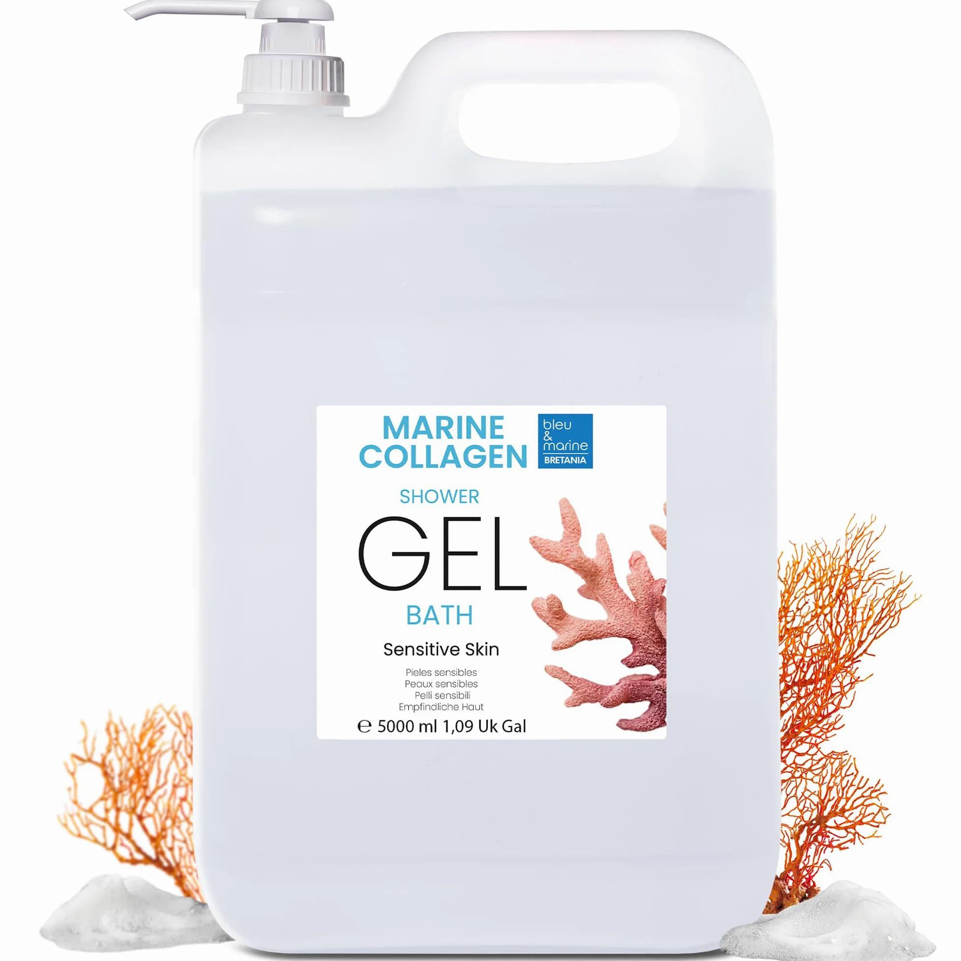 Gel de Ducha Perlado Extra Delicado con Colágeno, Triple Accion: Limpiador Facial, Corporal y del Cabello. Efecto Reafirmante y Anti Edad. Cuidado Piel Atopica, Sensible y Seca - 5000 ml