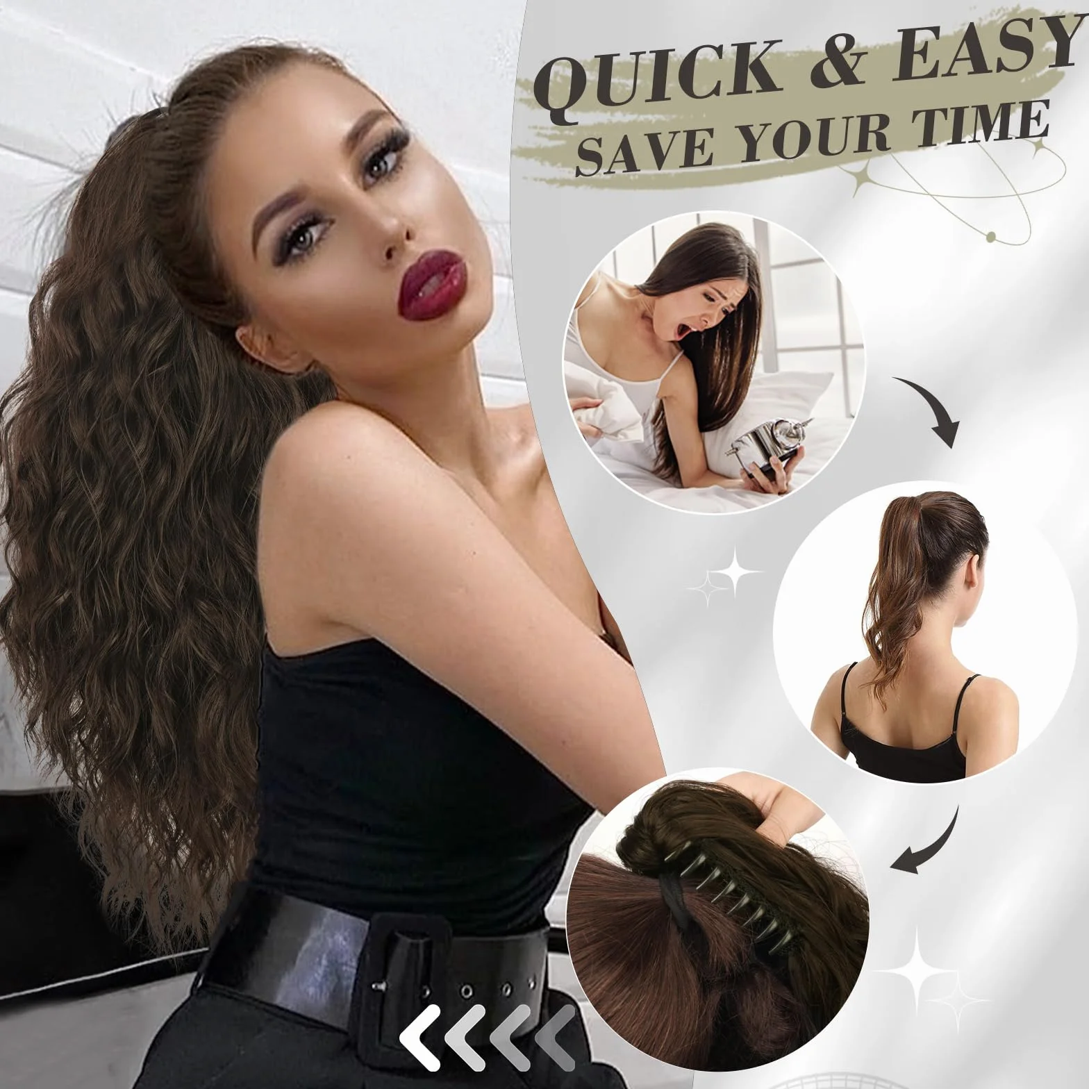 BARSDAR Extensión de Cabello Cola de Caballo 45CM Garra Clip Ondulado Sintética Marrón Castaña Chocolate para Mujeres