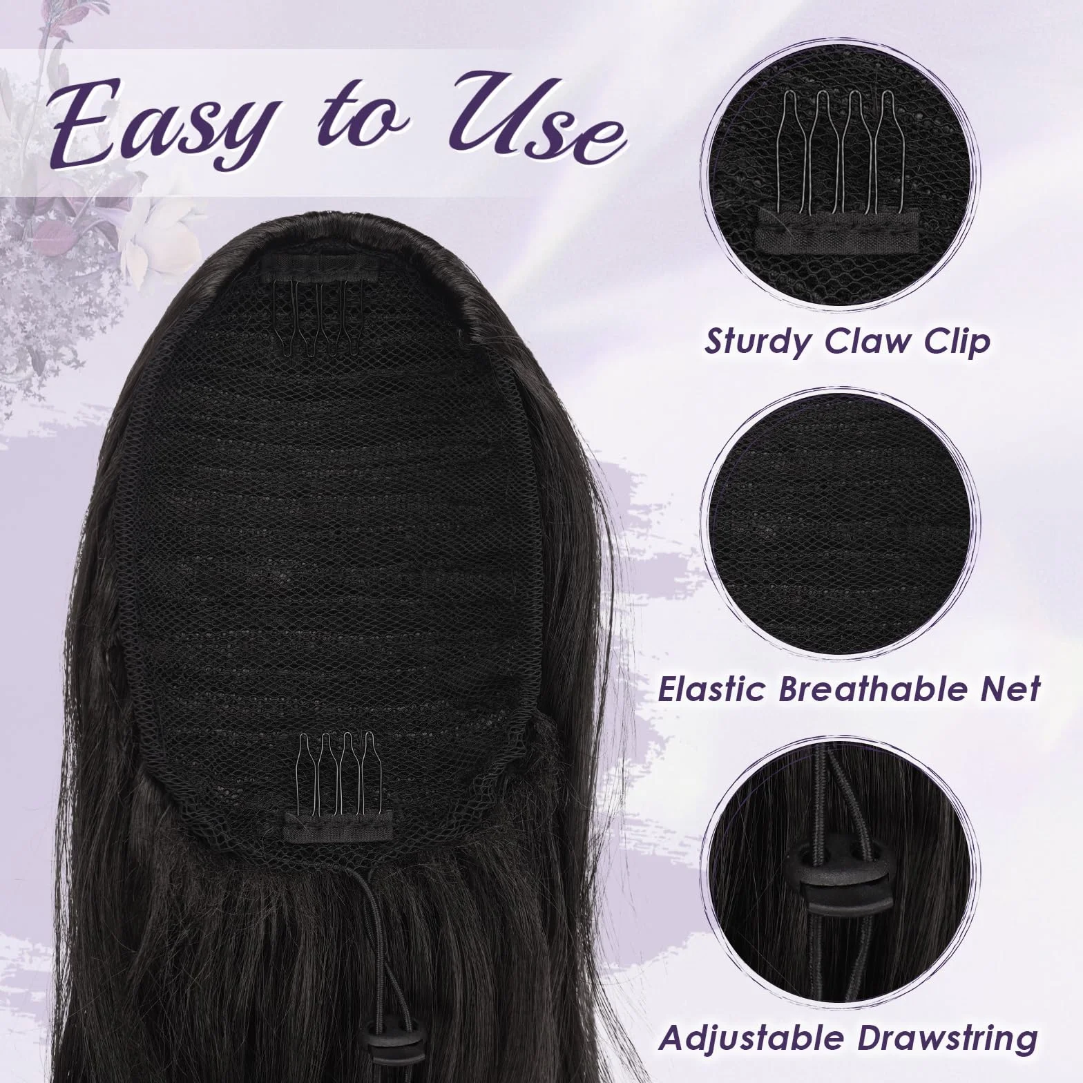FESHFEN Extensión de cola de caballo con cordón, Natural Ondulado Rizado Sintético Negro, 50 cm