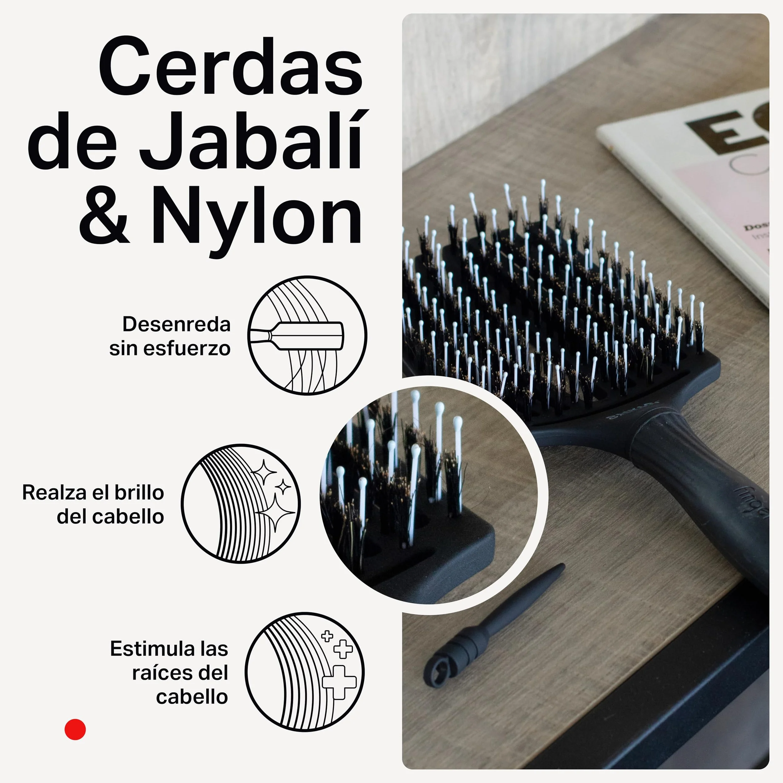 Olivia Garden Fingerbrush Combo Large Cepillo Pelo Largo Antitirones Cerdas Jabalí Nylon Brillo Natural Negro