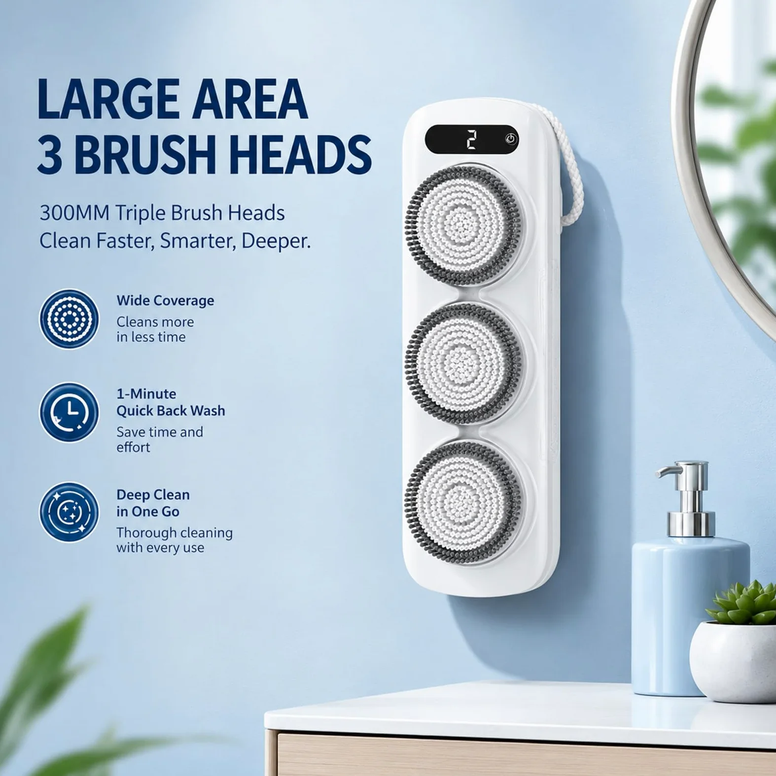 Cepillo Eléctrico Corporal con 3 Cabezales Motorizados, Cepillo para la Espalda de Ducha de Pared, Cerdas Suaves Exfoliantes, Diseño Manos Libres, 2 Velocidades, Altura Ajustable