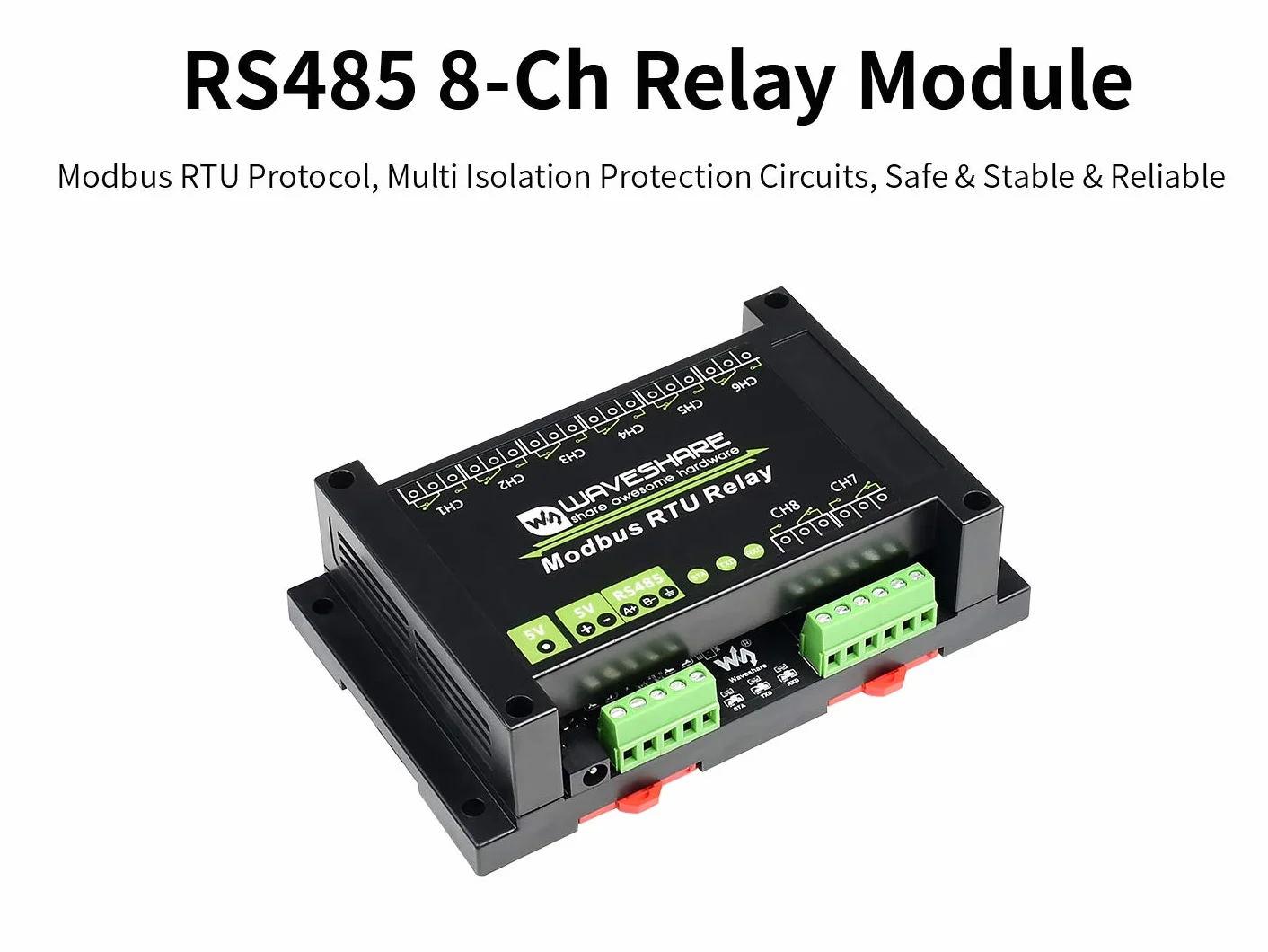 Waveshare Industrial Modbus RTU Relay Module 8-Ch RS485 Multi Isolation Protection