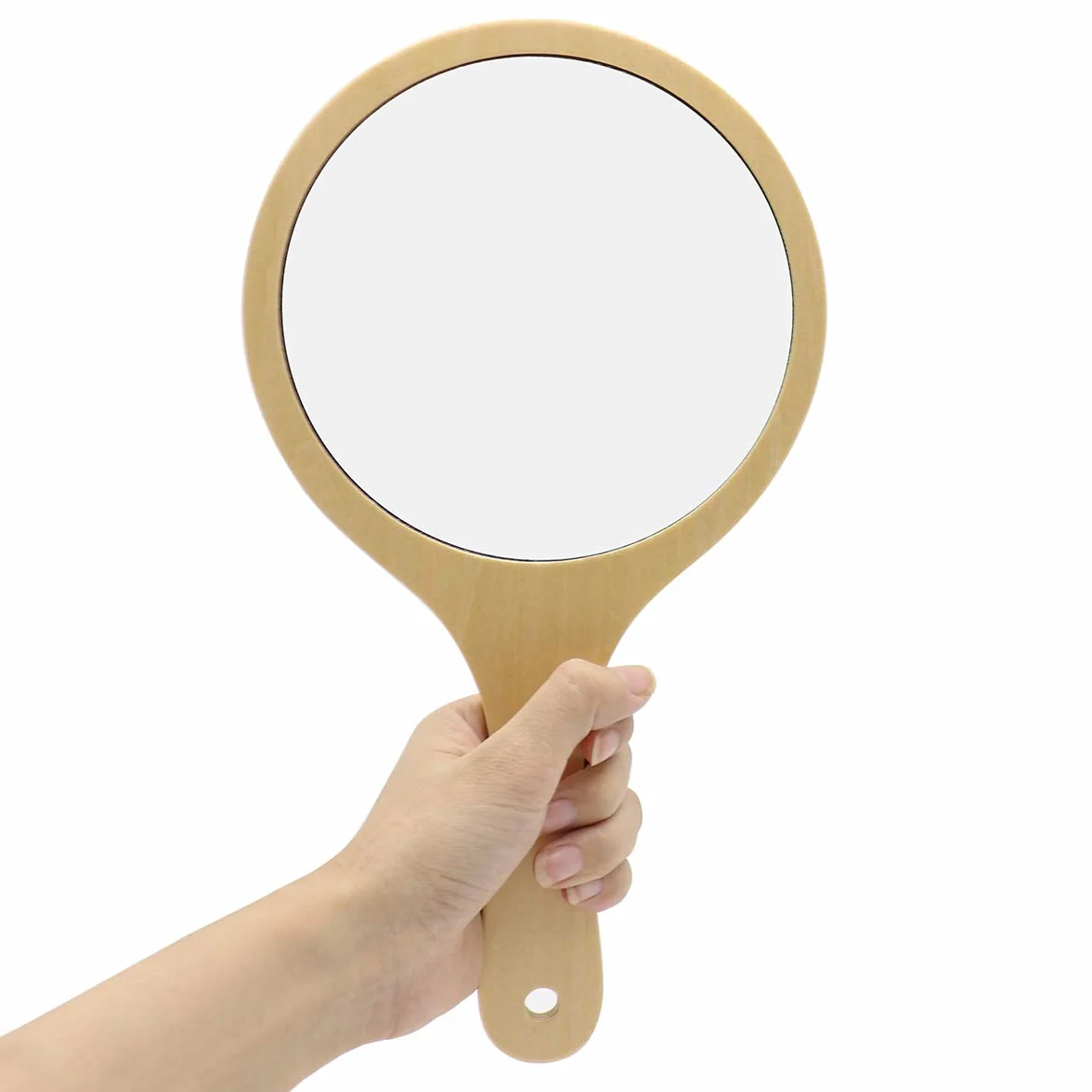 Espejo de Mano de Madera Redondo Portátil para Maquillaje y Peluquería
