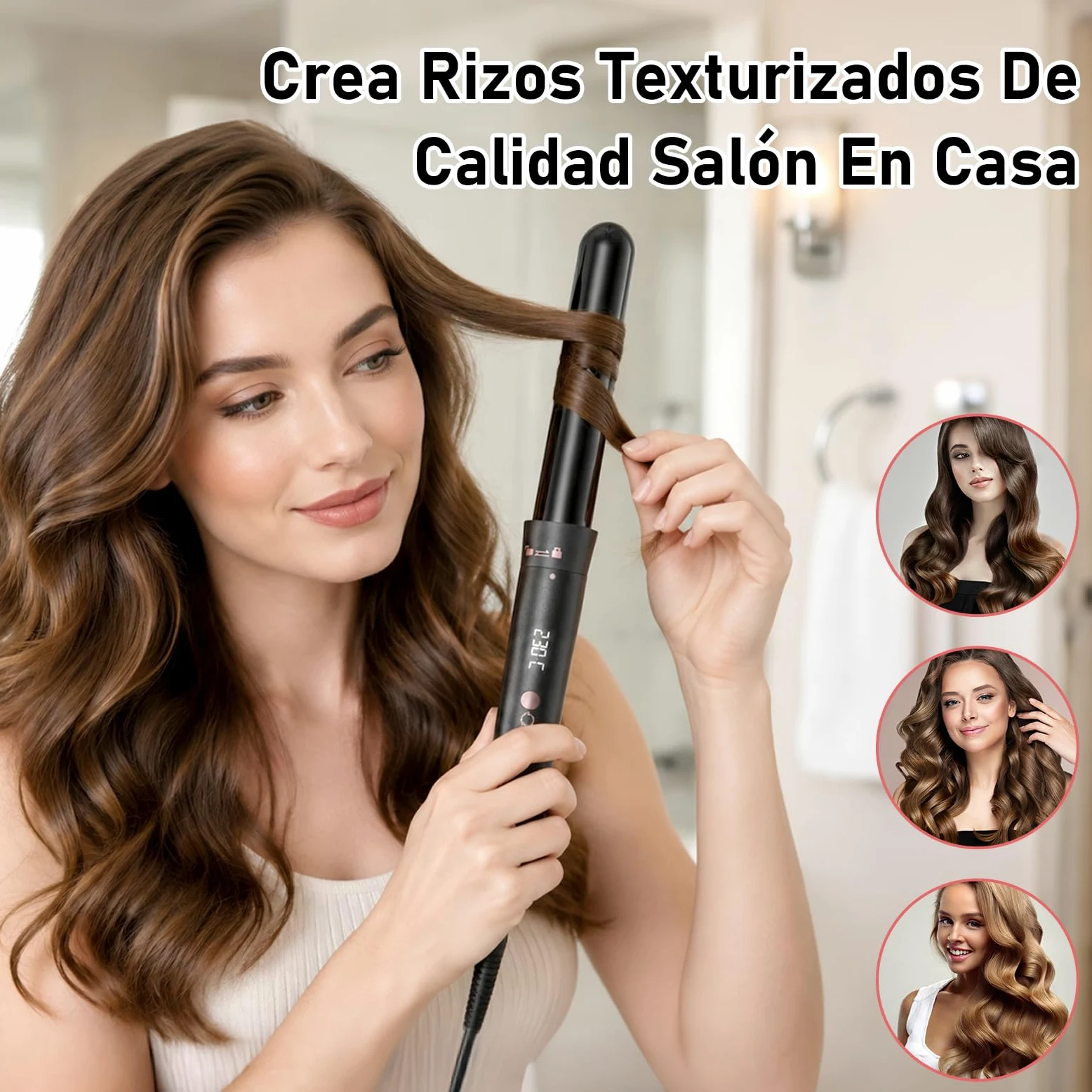 Rizador de Pelo 5 en 1 con 5 Accesorios Intercambiables, Rizador Pelo Ondas, Plancha Ondas de Cerámica, Temperatura Ajustable, Calentamiento Rápido, Rizador Tres Barriles para Rizos y Ondas