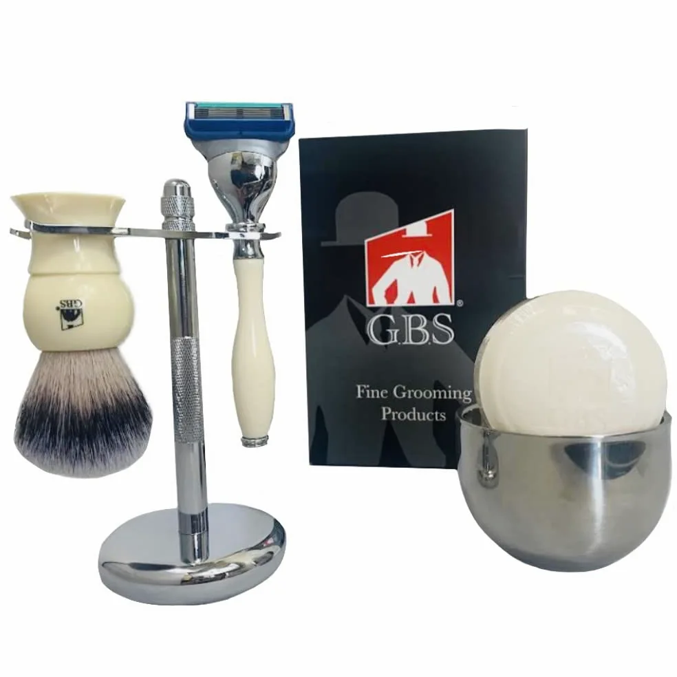 Gbs 5 piezas Set Marfil 3 + cuchilla de cepillo + cromo soporte + cuenco de tejón + jabón de afeitado para barba
