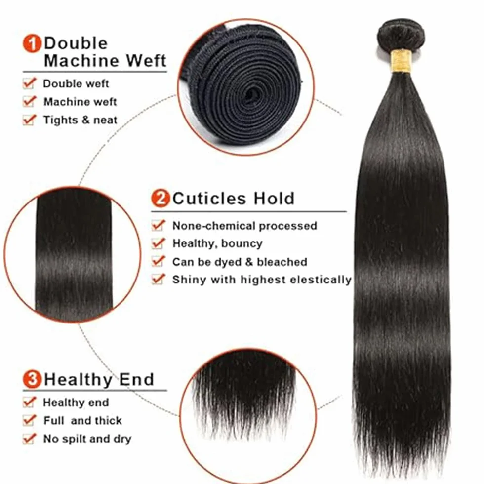 Peluca recta para mujer, paquetes de cabello humano sin procesar brasileño, extensiones de cabello humano virgen brasileño #1B Natural Black Cabello Humano, paquete con una cobertura mínima