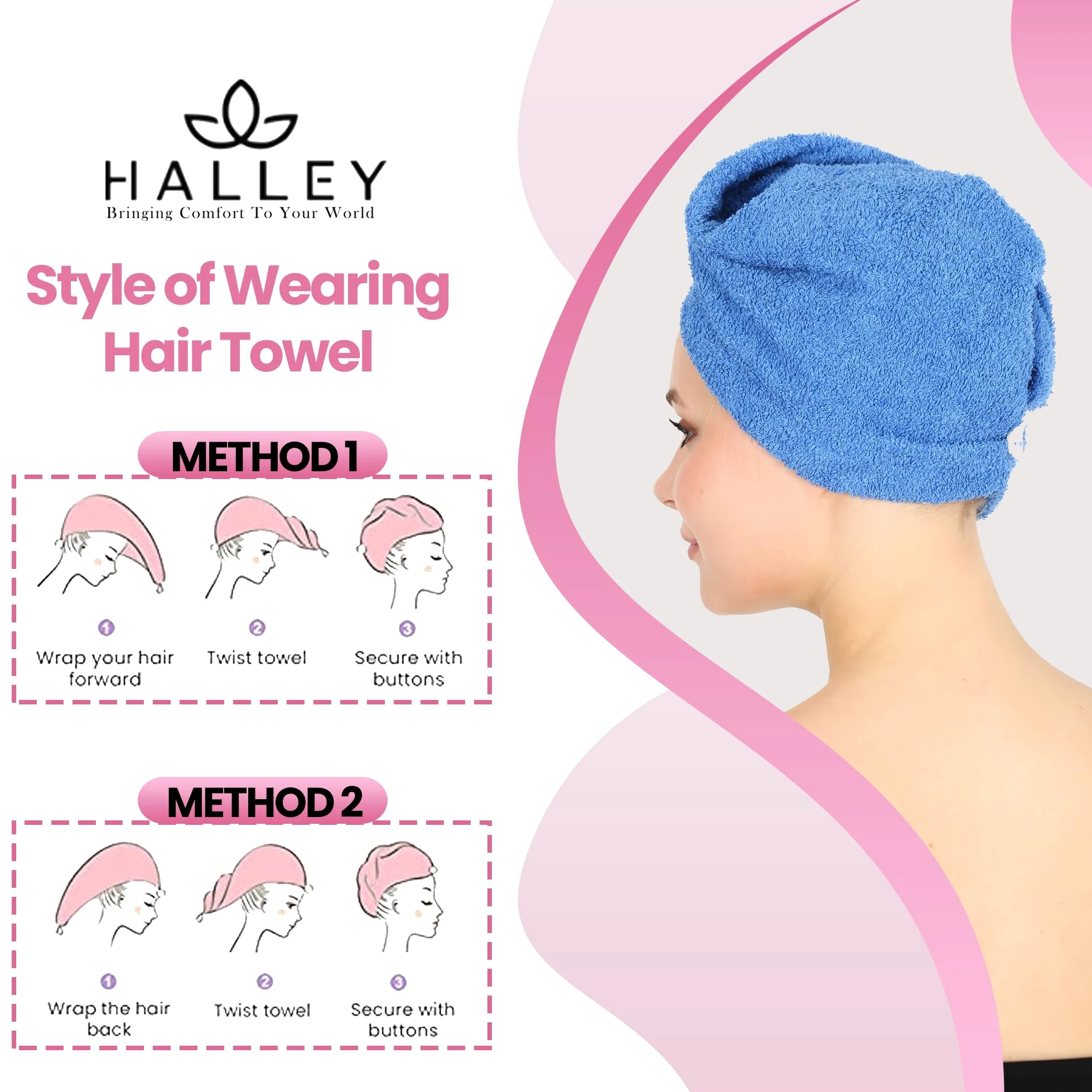 HALLEY Toalla de algodón para el cabello, 3 paquetes, súper absorbente, antiencrespamiento, de secado rápido, para cabello rizado, largo y grueso, turbantes para cabello húmedo con botón, toalla para