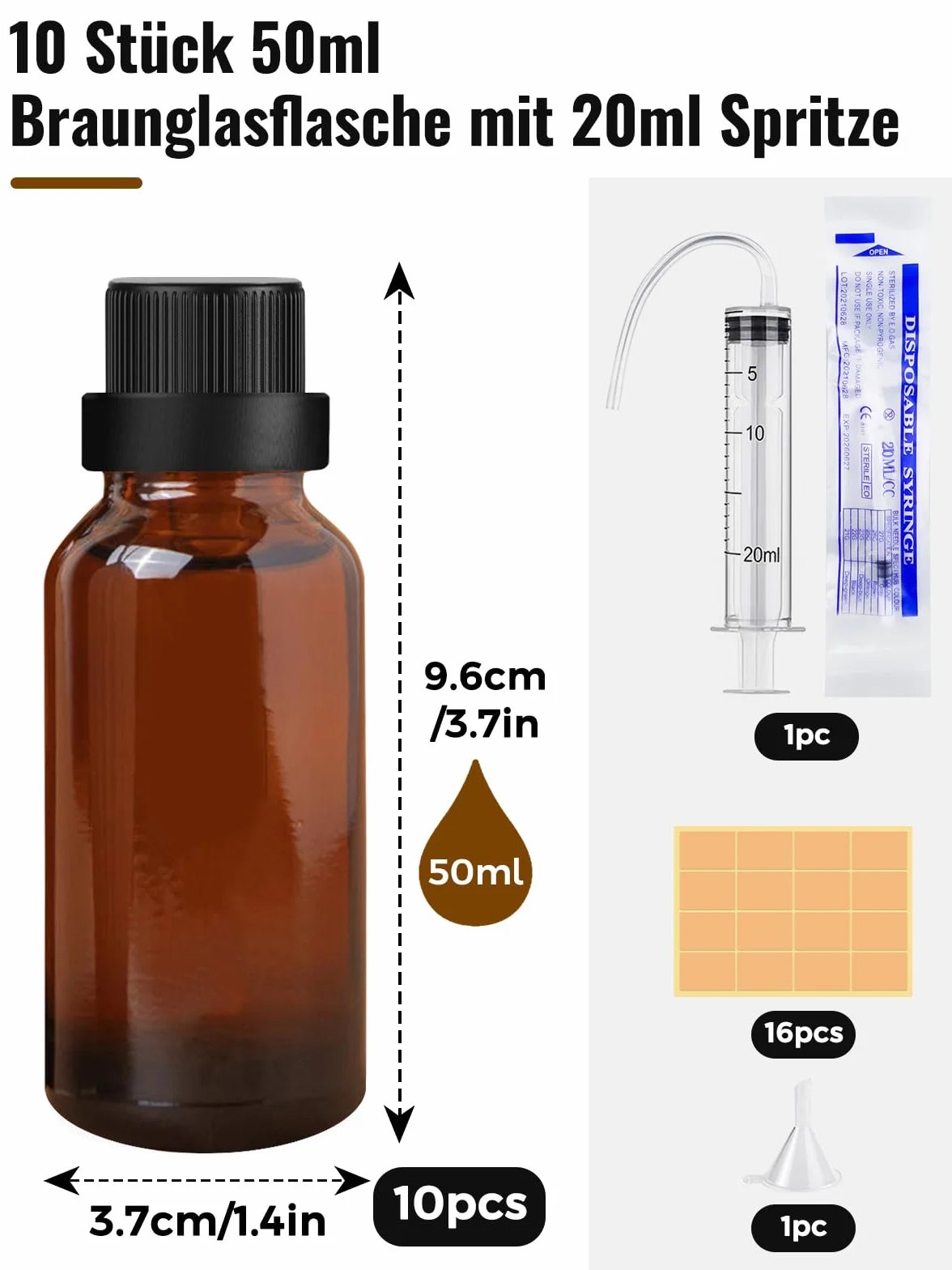 Botella de Vidrio Ámbar 50ml, Botellas Pequeñas con Tapa, Jeringa Embudo para Aceites de Masaje, Aromaterapia, Perfume