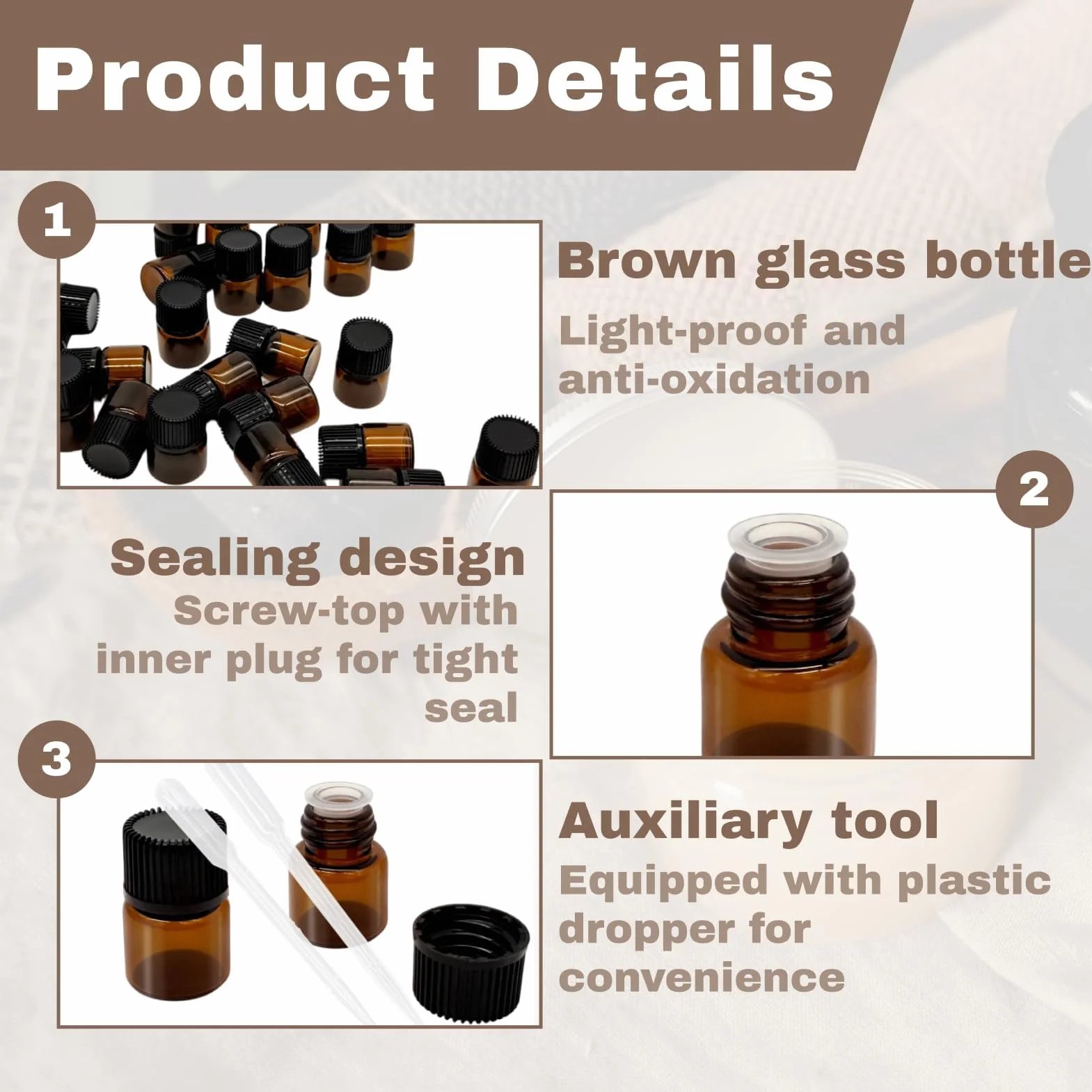 Botellas de Vidrio Marrón 2 ml para Aceites Esenciales con Cuentagotas y Reductores de Orificio