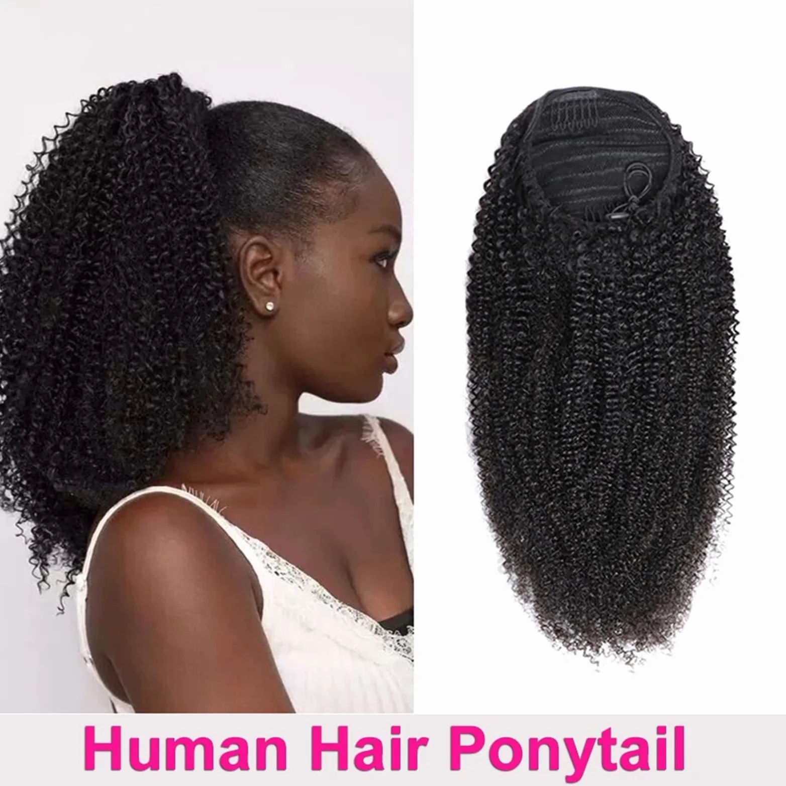 Piezas de Pelo de Moño Para mujer Cola de caballo con cordón de 10-28 pulgadas Cabello real Mongol Negro Rizado Cola de caballo Extensión del cabello Horquilla Peluca de cola de caballo Bollo de pelo