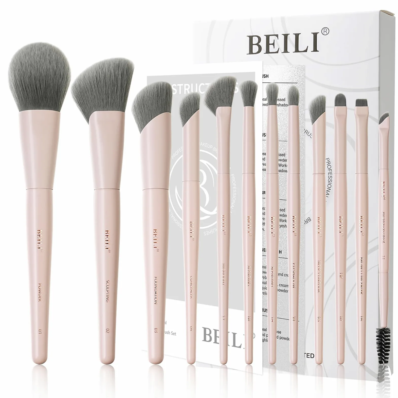 BEILI Juego de 12 brochas de maquillaje profesionales rosas densas para base, polvo, contorno y mezcla de ojos, kit completo de brochas cosméticas de cara completa con elegante almacenamiento