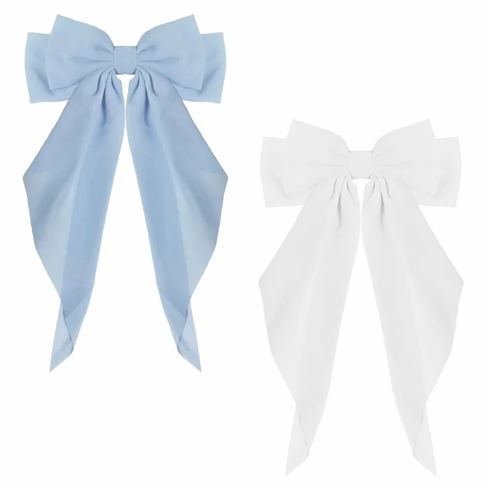 Pinzas de Pelo con Lazo - Lazos Pelo Grandes Elegantes con Gasa de Cola Larga para Mujeres y Niñas (Azul+Blanco)