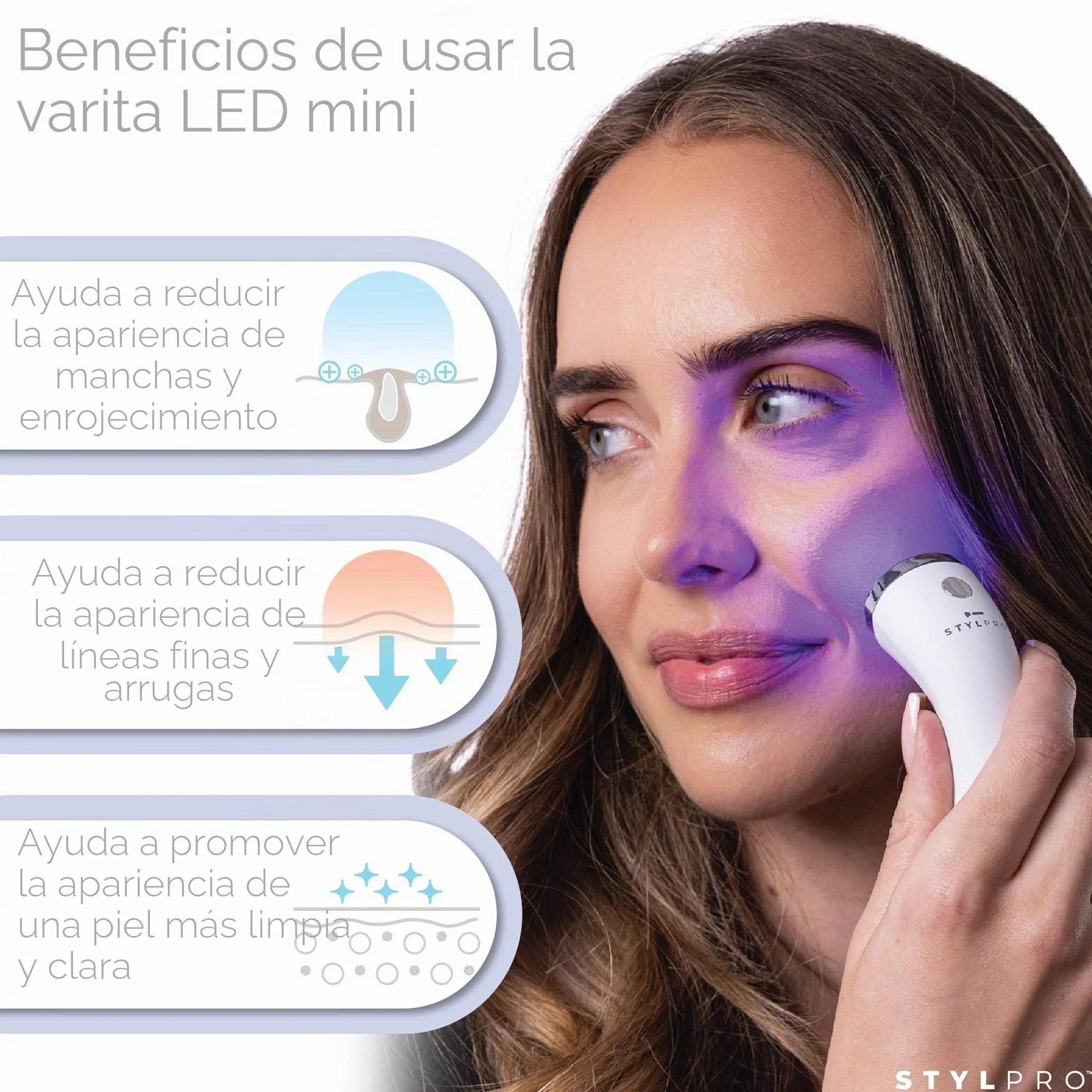 STYLPRO Mini varita mágica LED – Terapia de luz azul para acné y piel, ayuda con imperfecciones, espinillas, inflamación, enrojecimiento, 3 modos, 28 x LED de alta potencia, azul, rojo, NIR