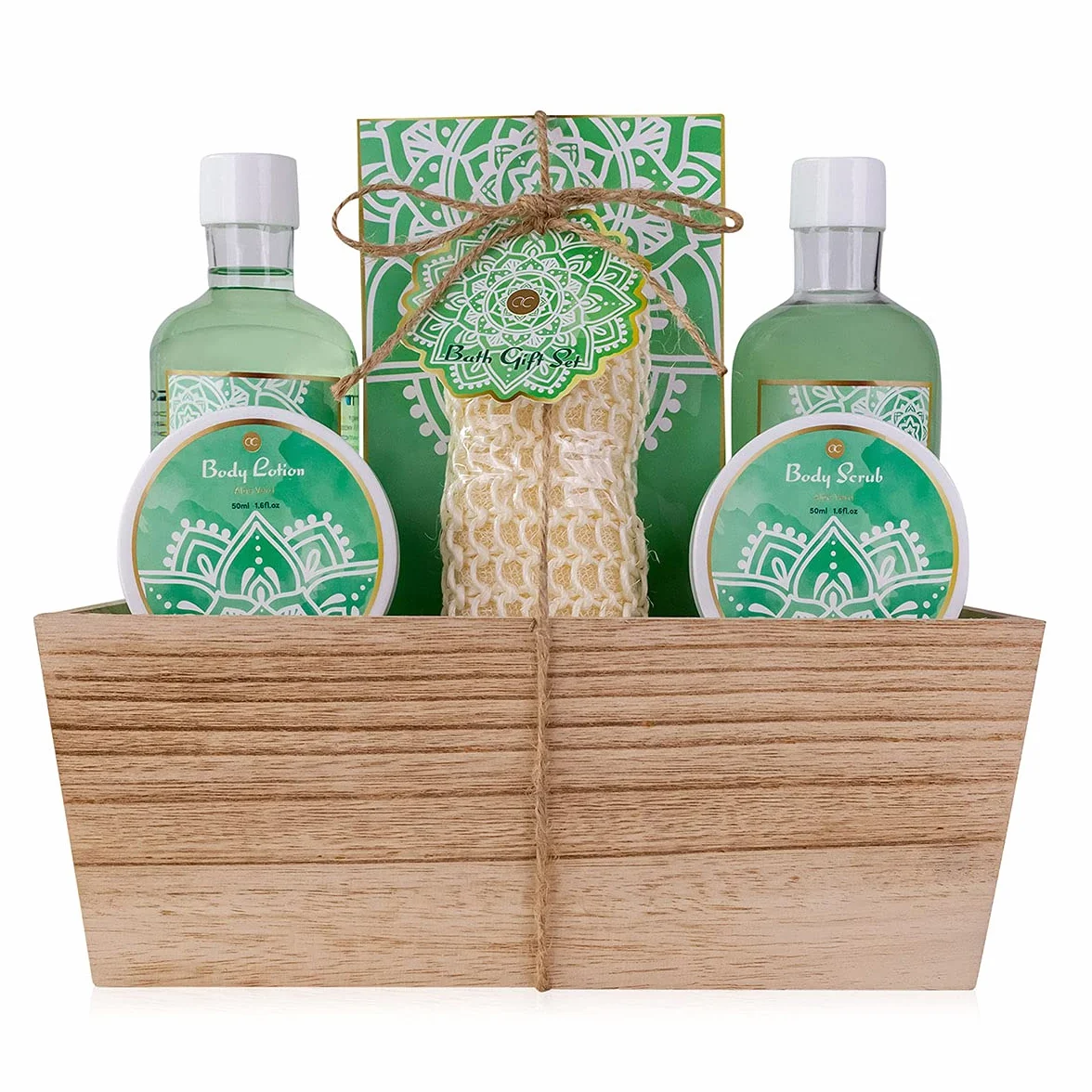 Set de ducha ALOE VERA para mujer en cesta de madera 6 piezas con gel, baño de burbujas, sal de baño y loción corporal