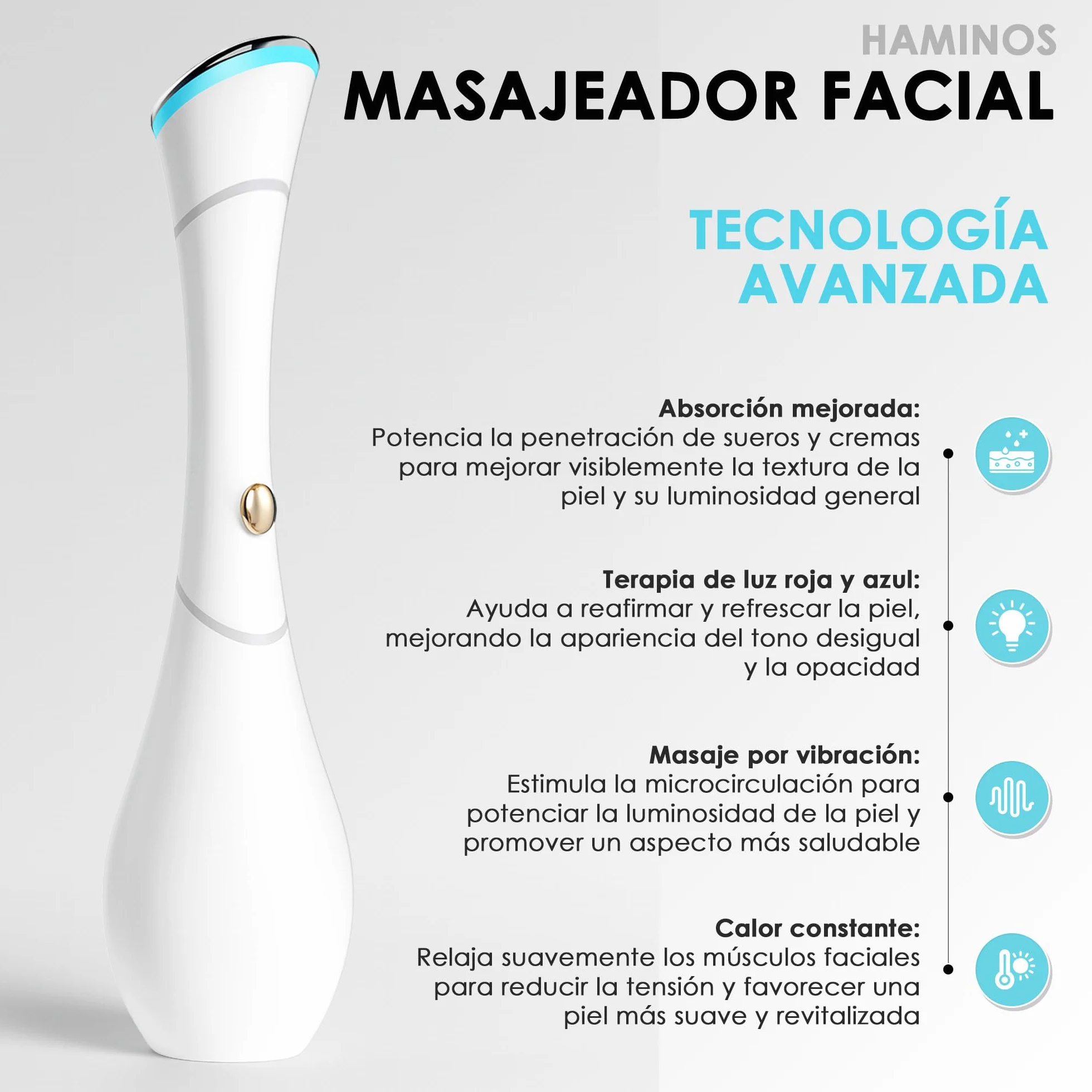 HAMINOS Masajeador Facial 4 en 1 con Calor, Vibración, Luz Roja y Azul, Función Iónica Galvánica, Recargable USB-C