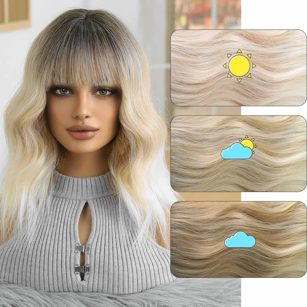 Pelucas Rubias Ombre para Mujer Peluca Corta Ondulada con Flequillo de Pelo Sintético Resistente al Calor