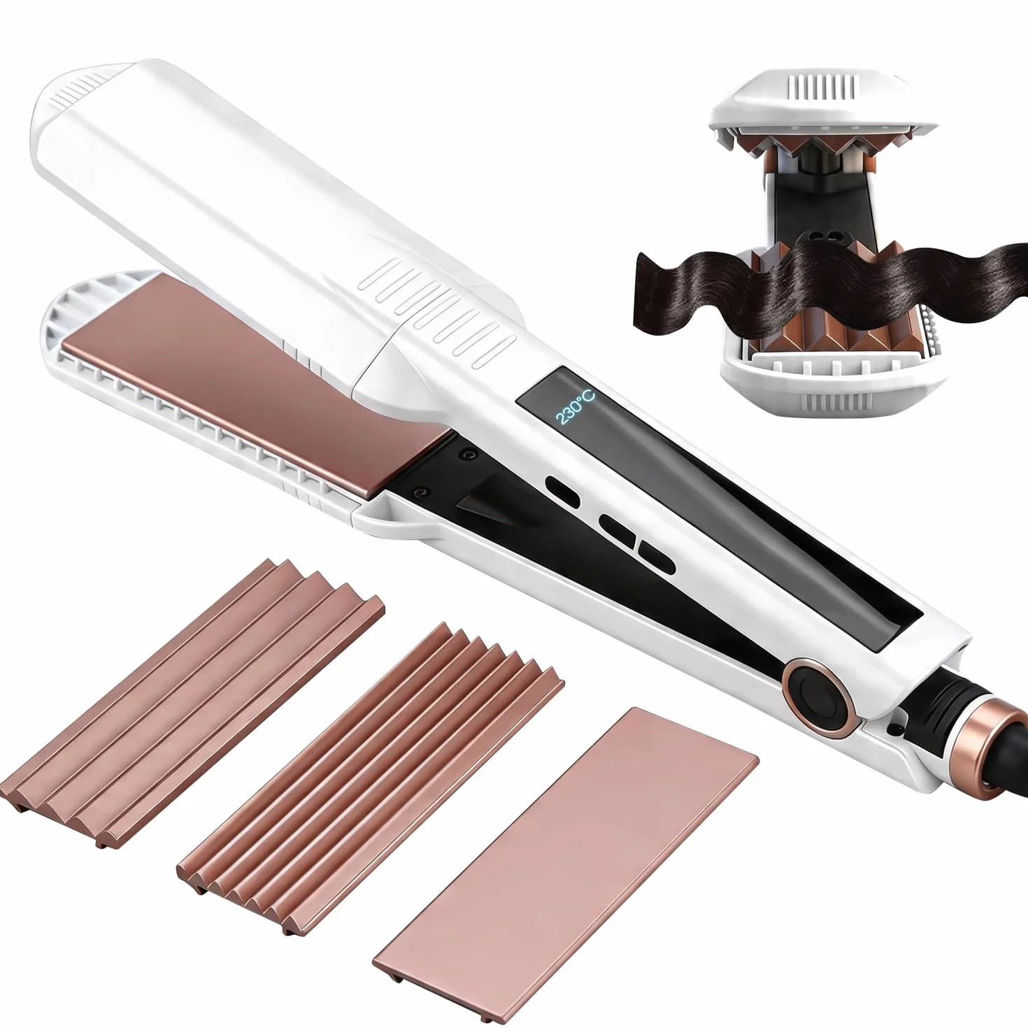Planchas del Pelo Ceramic Crimp 3 in 1, Cerámica Anti-Estática, 6 Temperatura Ajustables 130-230 ℃, Calentamiento Instantáneo, Rizador Pelo Ondas Para Crear Volumen y Textura
