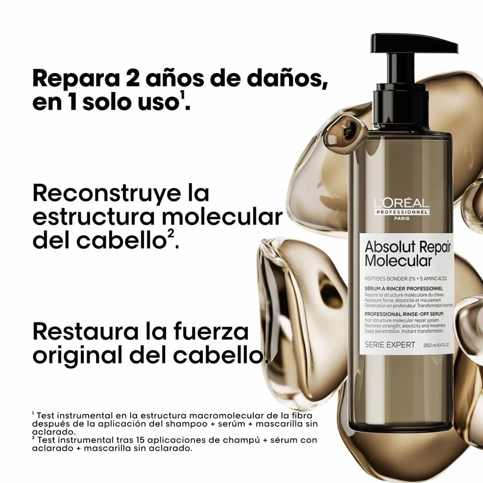 L’Oréal Professionnel, Tratamiento Molecular Instantáneo, Sérum Pelo Seco y Dañado con Aclarado, Sin Sulfatos, Repara Daños y Fortalece el Cabello, Fórmula Patentada, Absolut Repair Molecular, 250ml