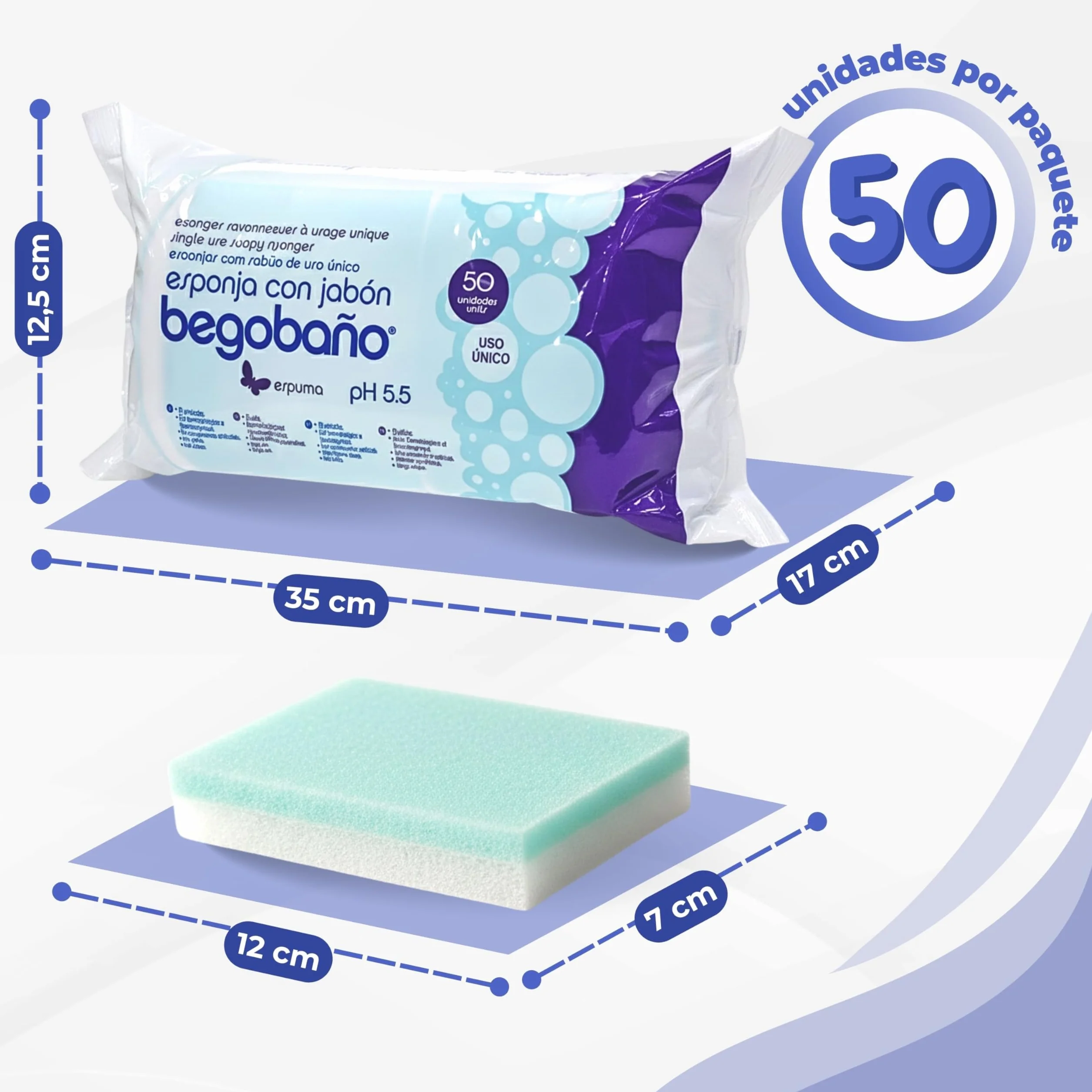 Begobaño Esponja Jabonosa Desechable 50 Unidades Hipoalergénico Gel Dermatológico