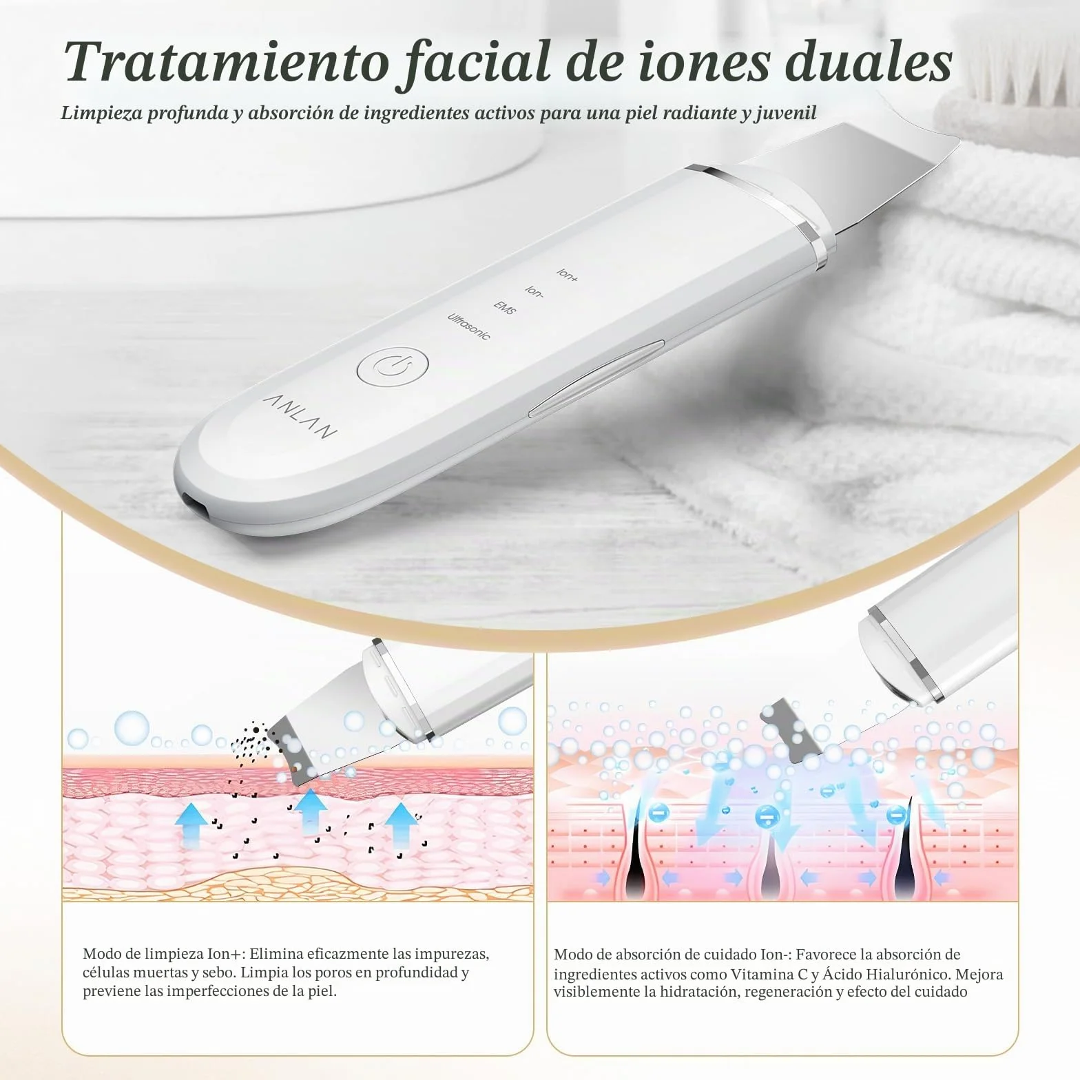 ANLAN Peeling Ultrasónico Facial Skin Scrubber Exfoliación Limpiador de Poros (Blanco)