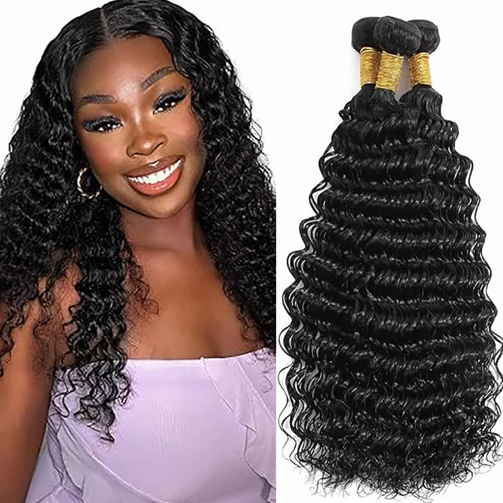 Extensiones de cabello humano de onda profunda, mechones de pelo humano sin procesar, Remy real, tejido humano, 3 extensiones, doble trama natural, negro para mujer 30, 30, 30, 30 pulgadas
