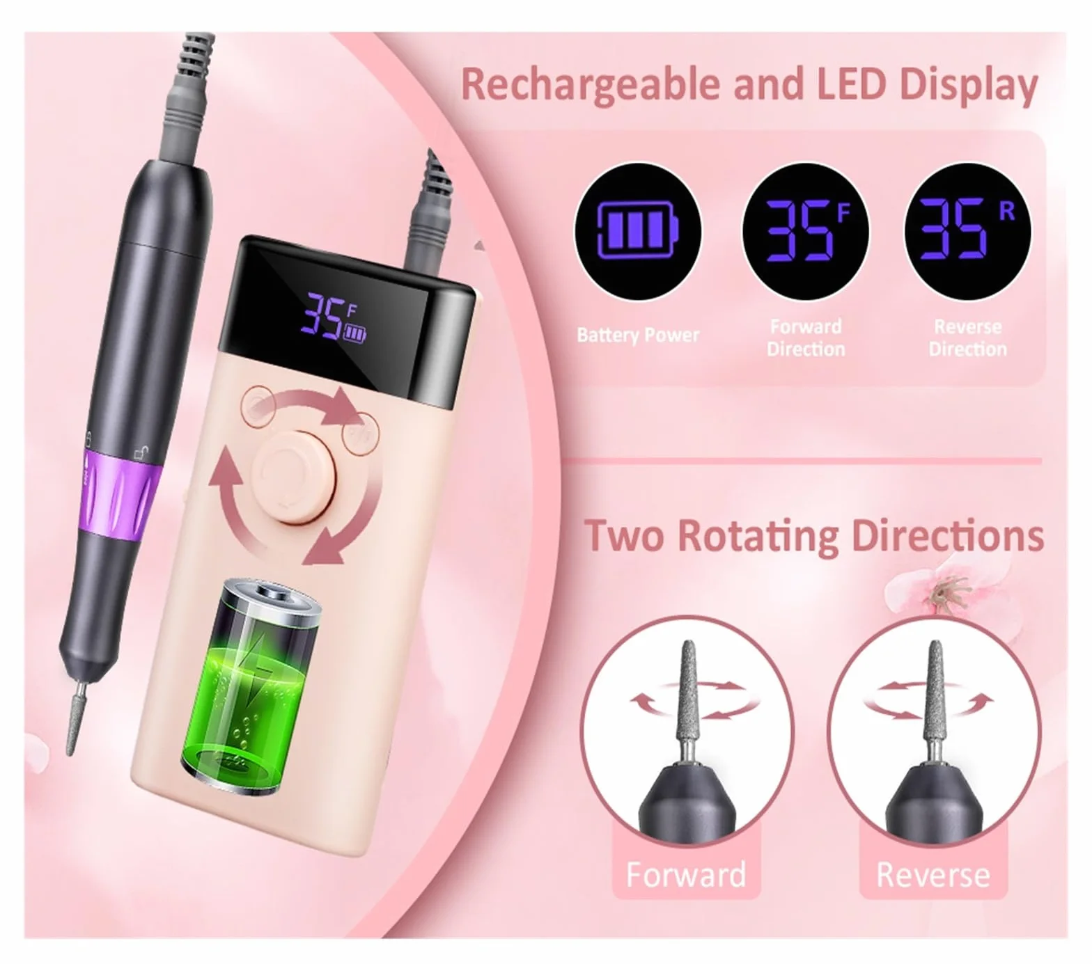 Torno para Uñas Taladro de uñas de 35000RPM con Pantalla LCD, lijadora de uñas eléctrica Profesional for Juego de Herramientas de fresado de manicura