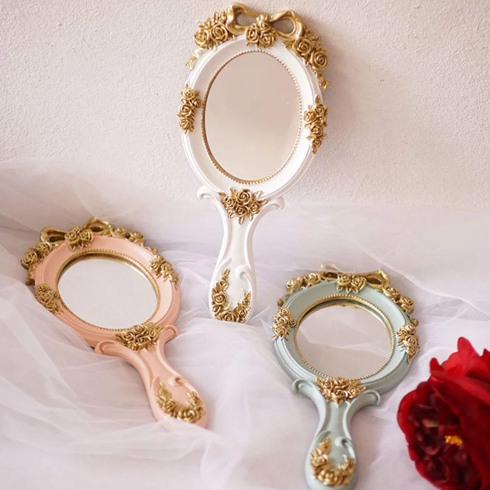 Espejo de mano vintage dorado rosa regalo compacto para mamá