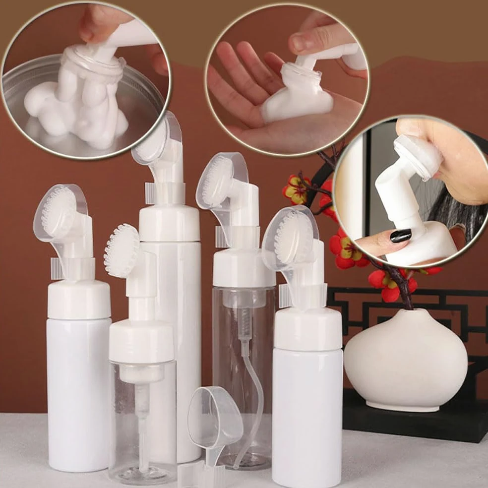 50 botellas vacías de jabón espumoso de espuma de gel con cepillo de presión de silicona, dispensador de espuma facial recargable, contenedor recargable (transparente, 100 ml)