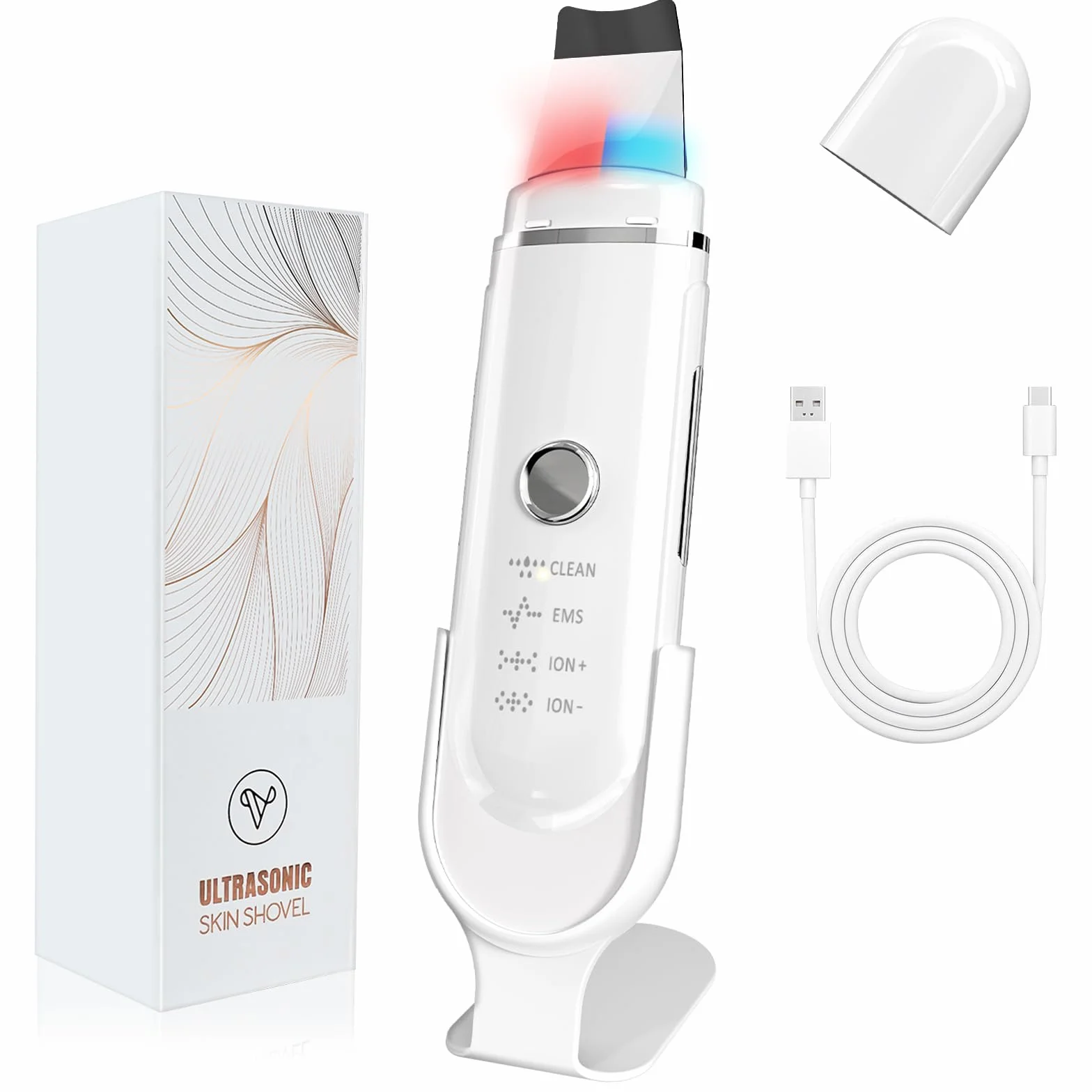 Peeling Ultrasónico Facial con 4 Modos y Luz Azul Roja, Limpiador de Ultrasonidos