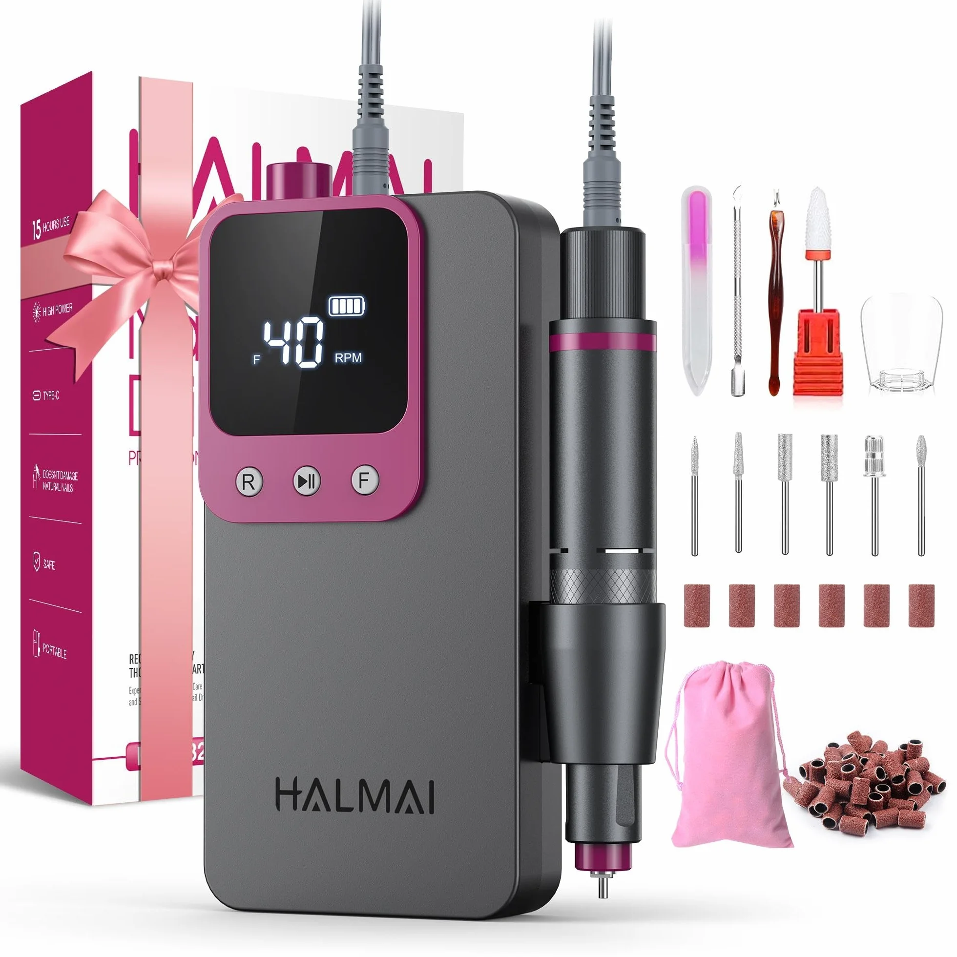 Taladro Eléctrico para Uñas Profesional HALMAI, Kit de Lima Portátil Inalámbrica para Uñas Acrílicas y de Gel, Máquina Recargable de Alta Potencia 40000 RPM para Salón - Modelo HMC320 (Gris Oscuro)