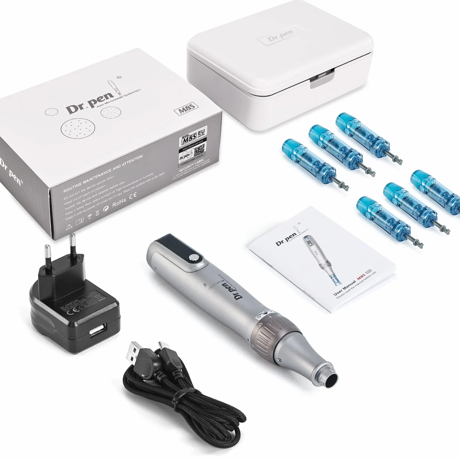 Dr.Pen M8S, microneedling pen con 6 x Cartuchos(3 x 12 Pin+3 x 36Pin), dermapen facial profesional, Inalámbrico y 6 Niveles de Velocidad, 0-2,5mm Profundidad ajustable, Plata