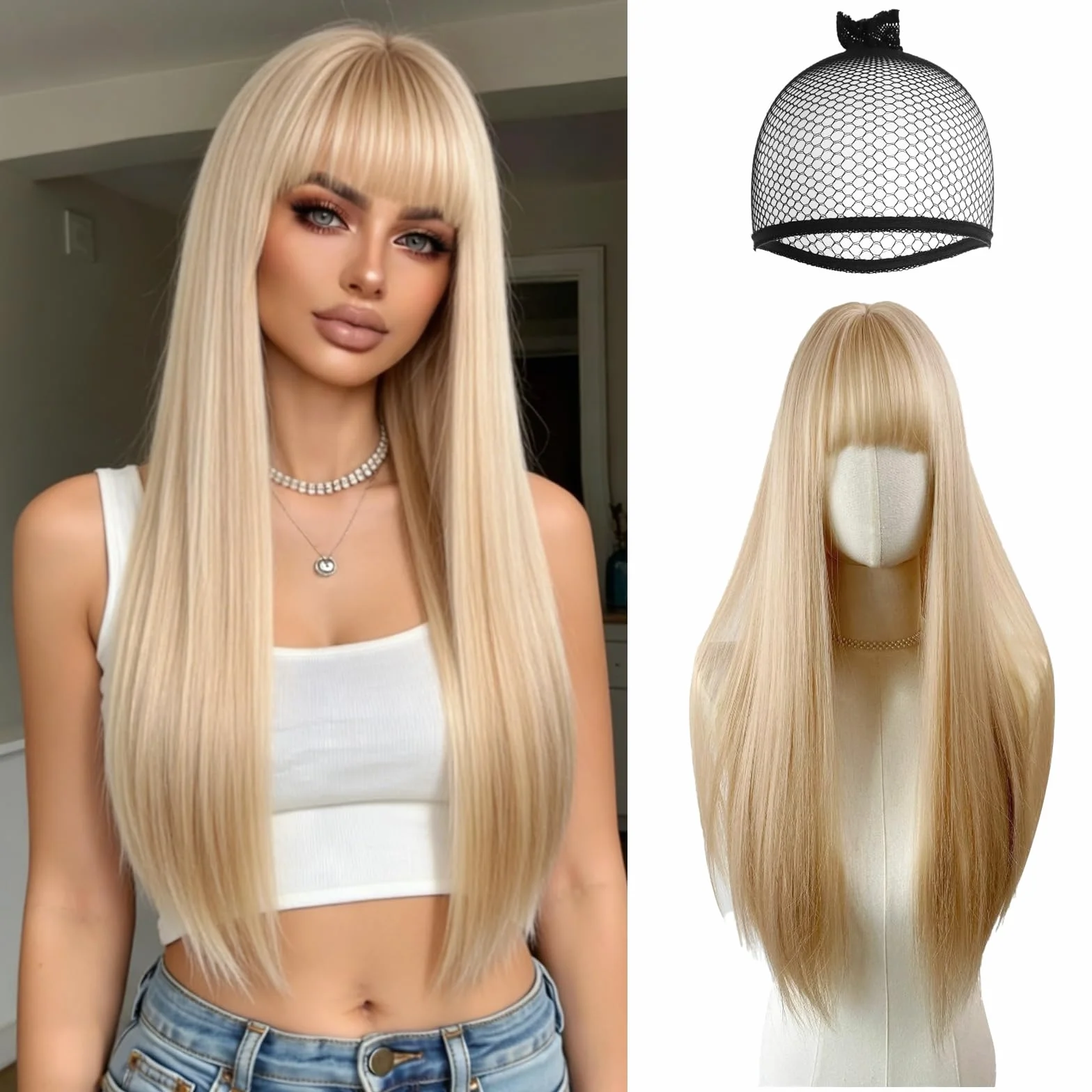 Pelucas Largas Lisas Rubias para Mujer con Flequillo, Pelo Sintético, para Fiesta Cosplay Halloween