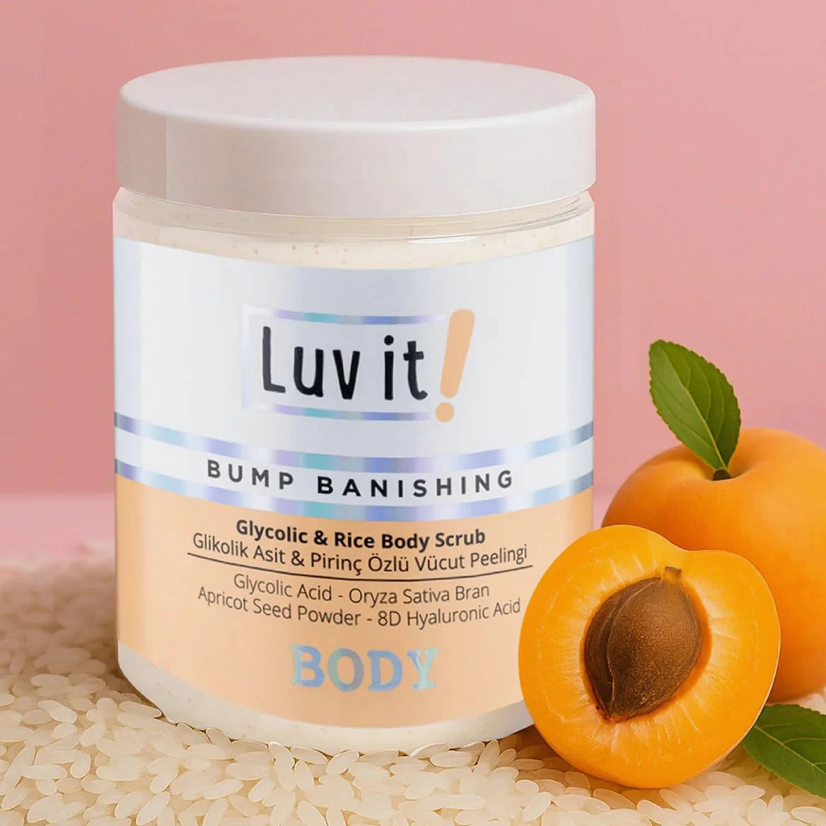 Luv it! Exfoliante corporal con extracto de arroz, ácido hialurónico y núcleo de albaricoque, 250 ml, AHA Body Scrub para pieles normales, secas y sensibles