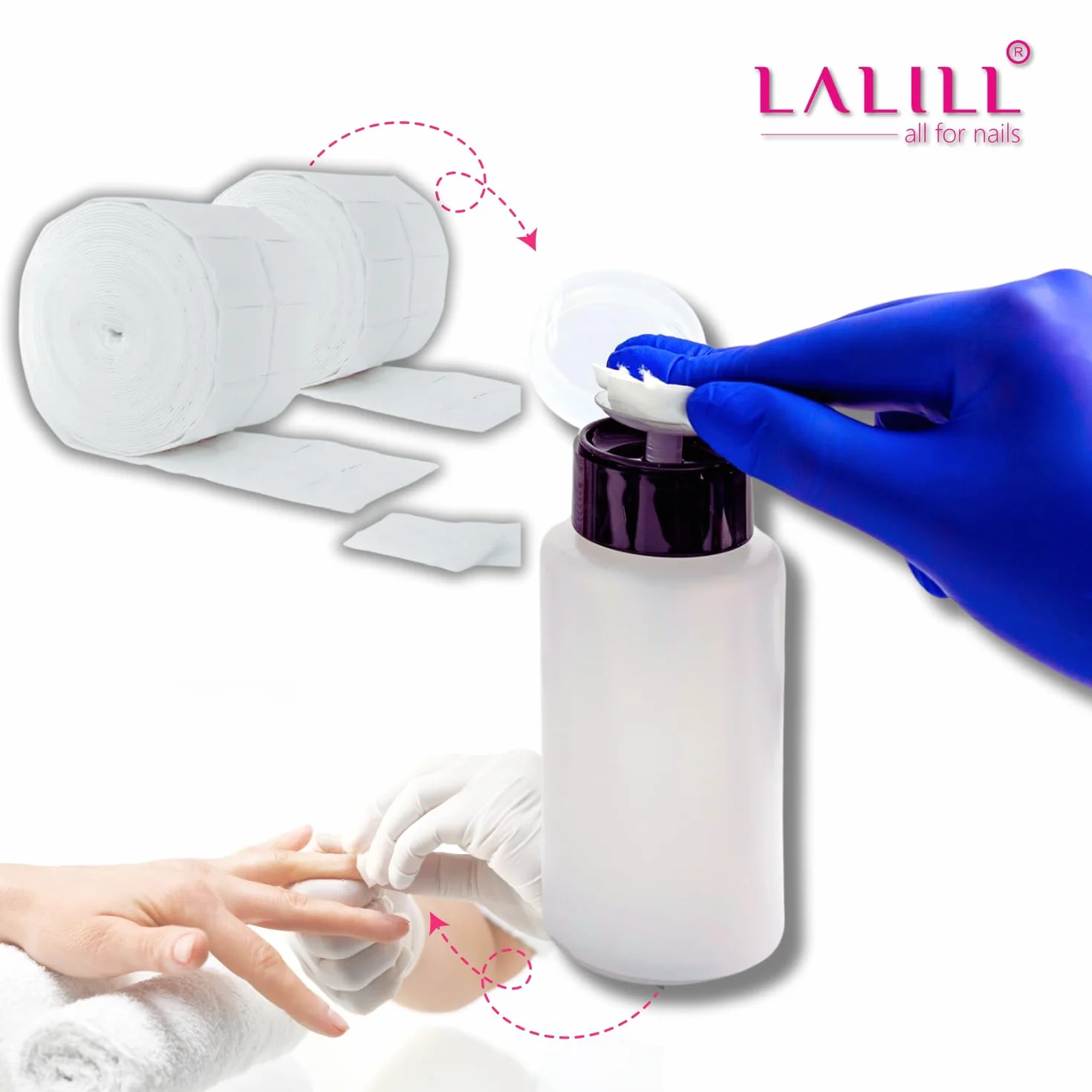 LALILL Cleaner de Uñas 500ml con Dosificador y 500 Almohadillas - Limpiador para Uñas de Gel y Semipermanente - Botella con Bomba 200ml - Algodón sin Pelusa
