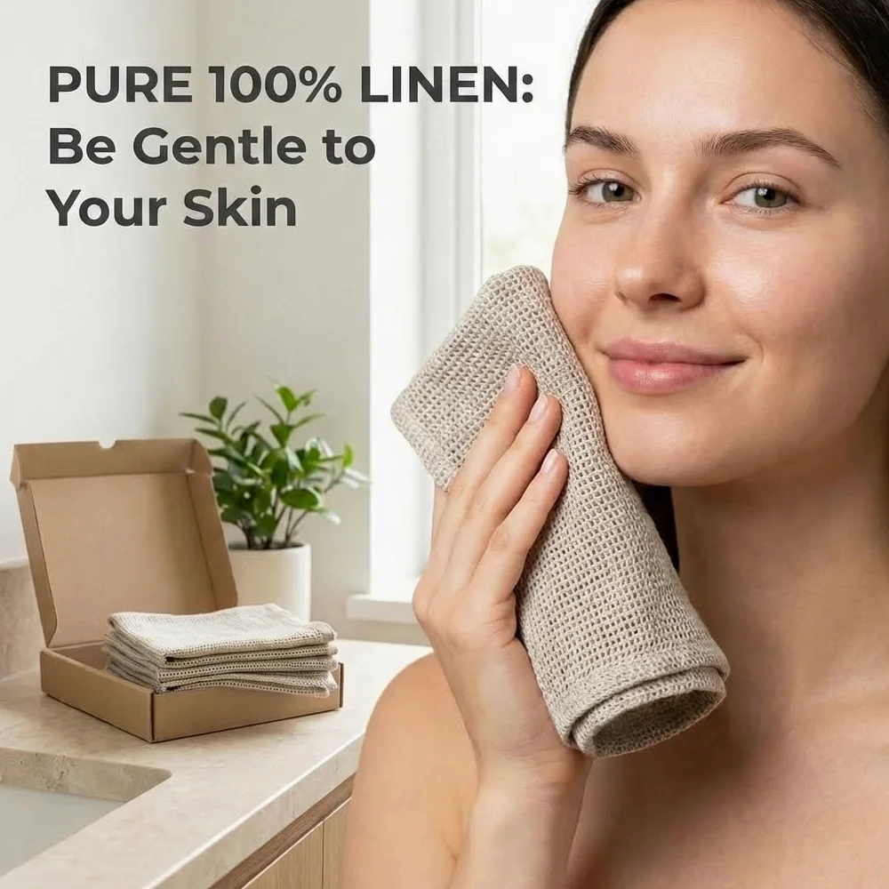 Paños removedores de maquillaje reutilizables – Paños 100% lino puro – Paquete de 6 toallitas faciales lavables de tejido abierto de 8 x 8 pulgadas