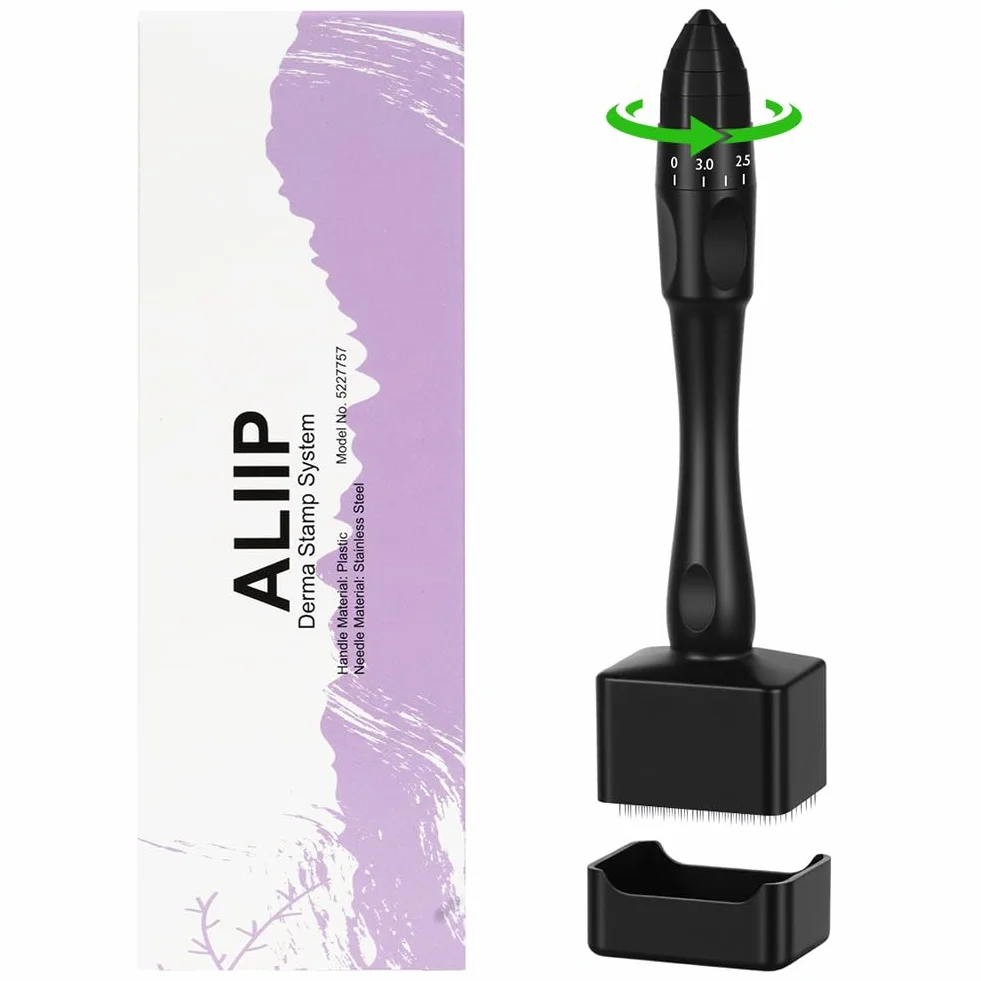 Derma Stamp Ajustable 0-3 mm Microneedling Dermapen Profesional 140 Pines Microagujas para Cabello Barba y Cuidado Facial Negro