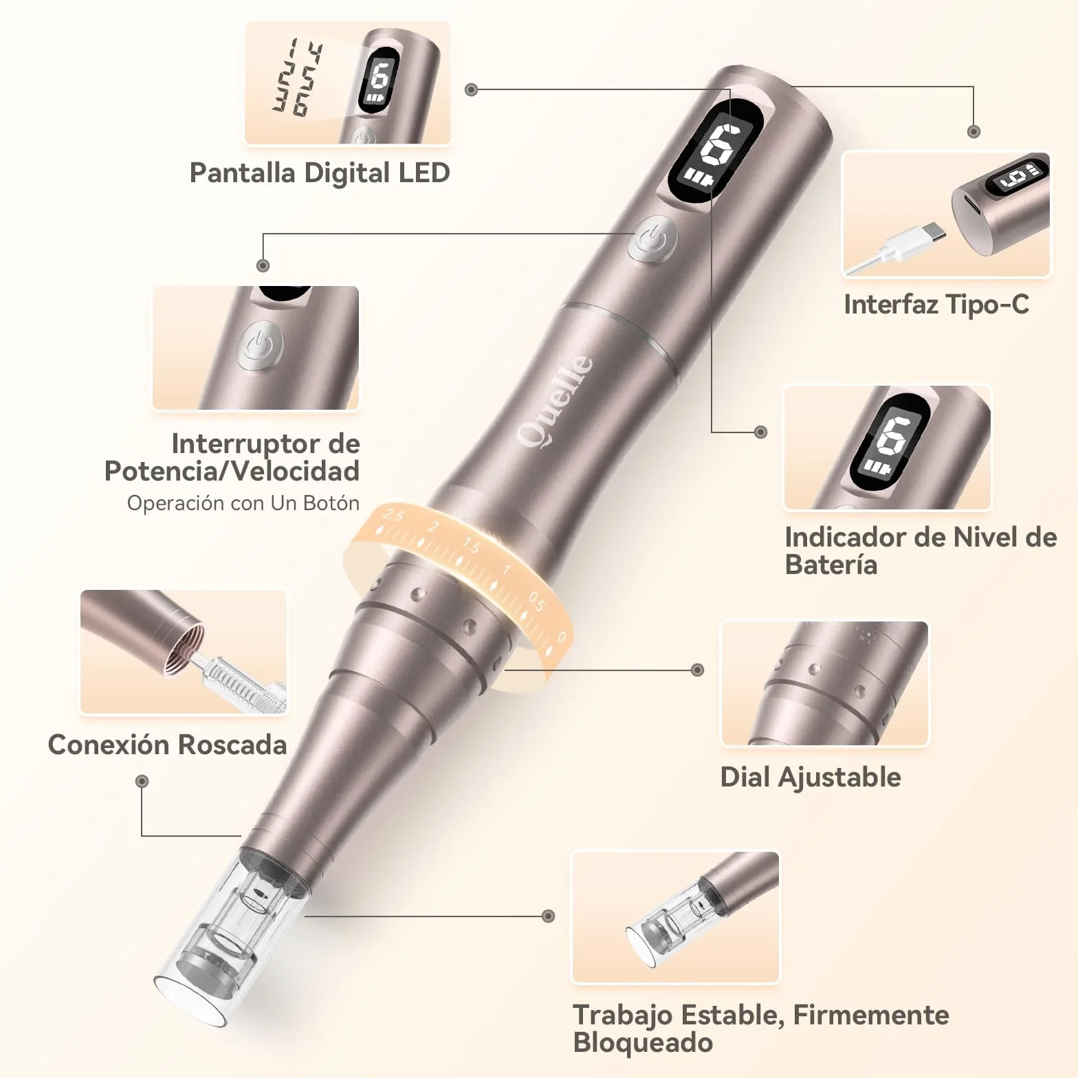 QUELLE Dermapen Profesional Kit Completo - Eléctrico Microneedling Pen con Pantalla LED, 6 Niveles de Velocidad y 16 Cartuchos