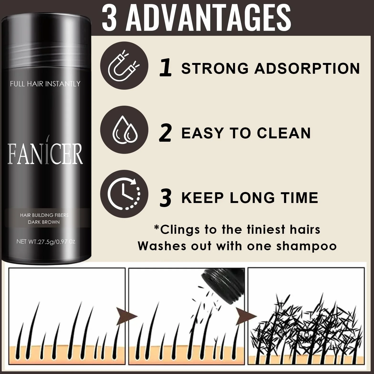 Polvo Fibra Capilar 27.5g Marrón Oscuro para Cabello más Lleno