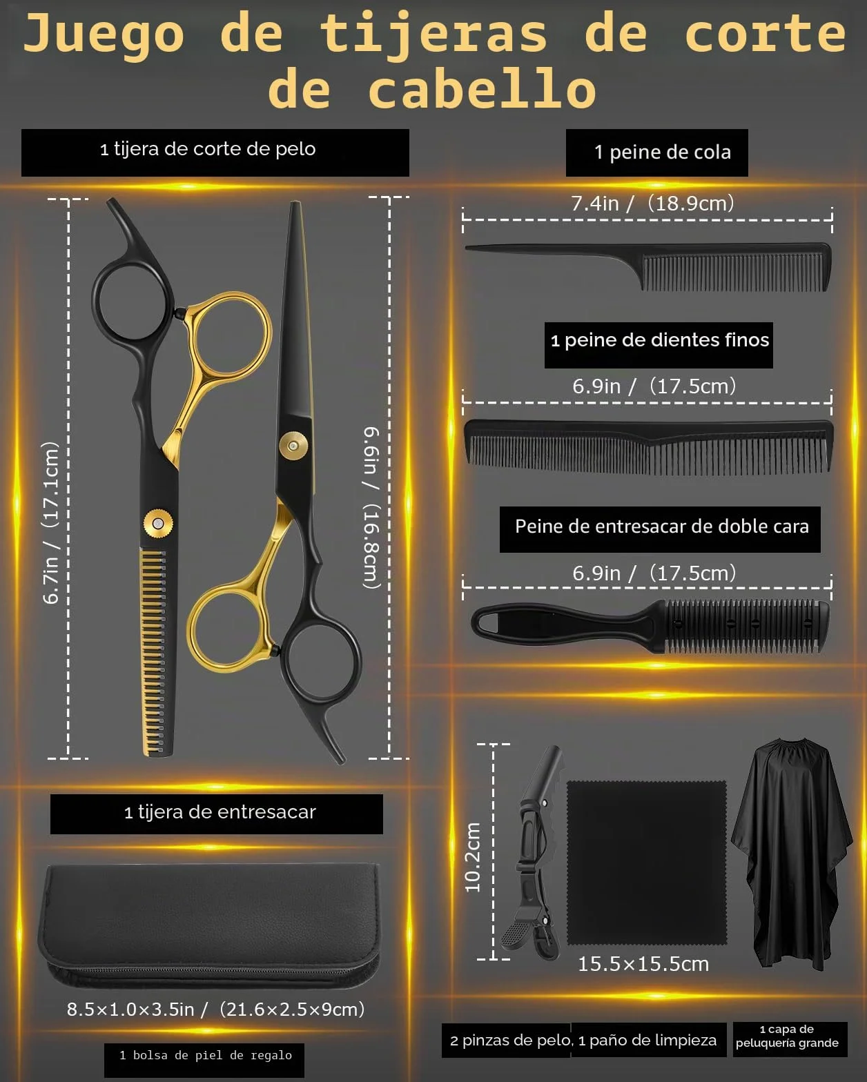 Lictin 15 en 1 Kit 6.7" Tijeras de Peluquería Profesional Acero Inoxidable con Peine, Tijeras Entresacar, Bolso de Cuero, Negro y Dorado